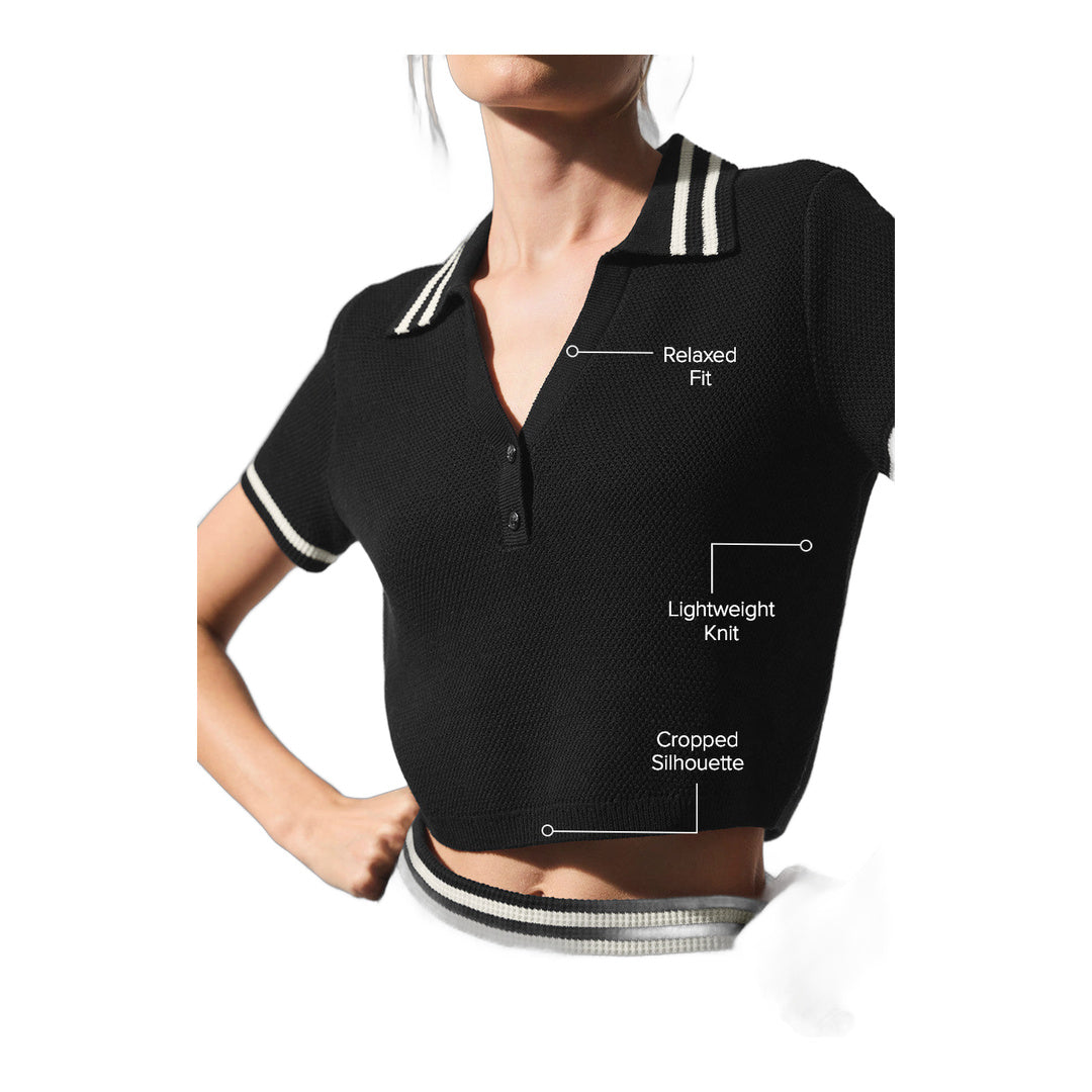 alo Tennis Club Sweater Knit Cropped Polo - Black/Ivory