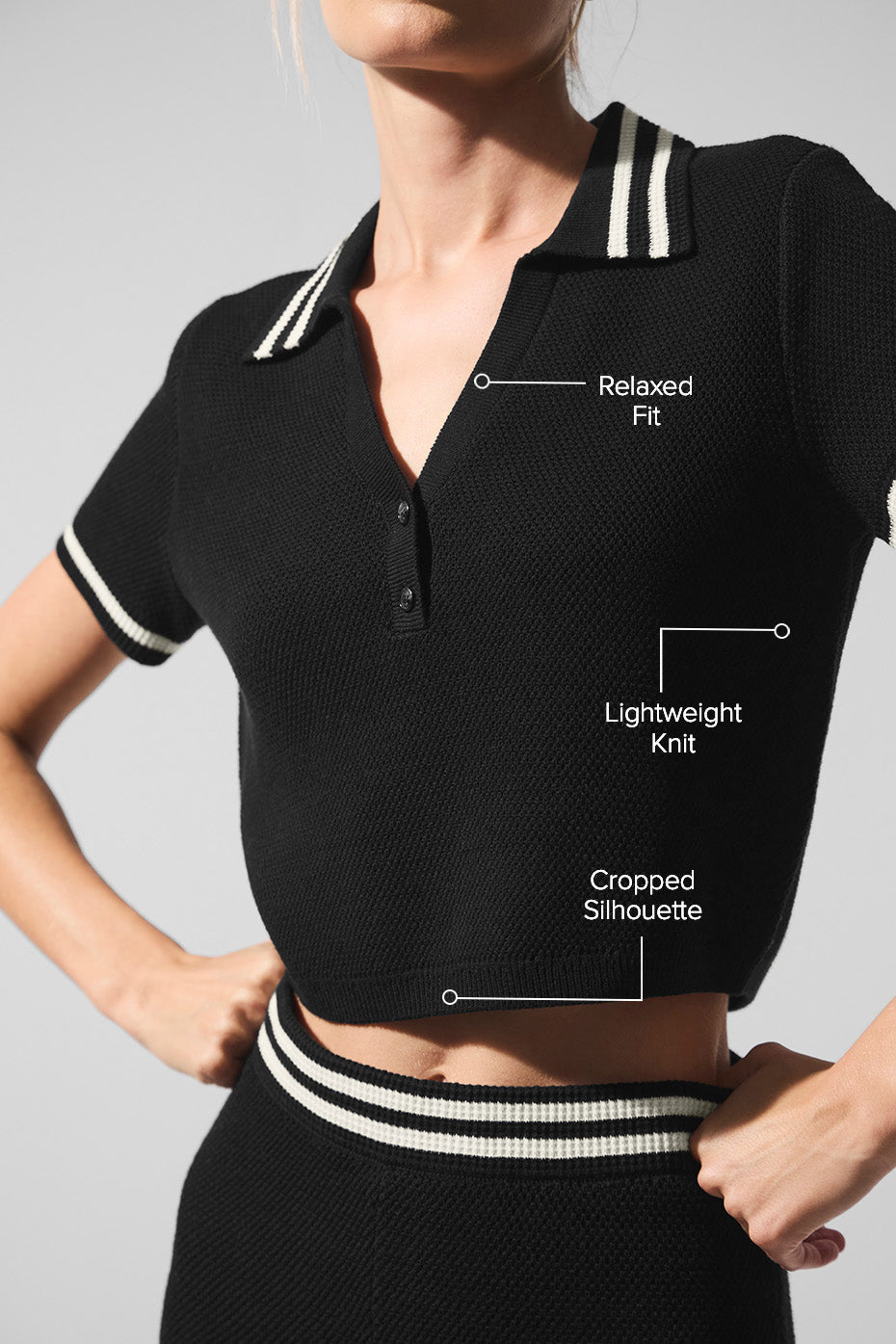 alo Tennis Club Sweater Knit Cropped Polo - Black/Ivory