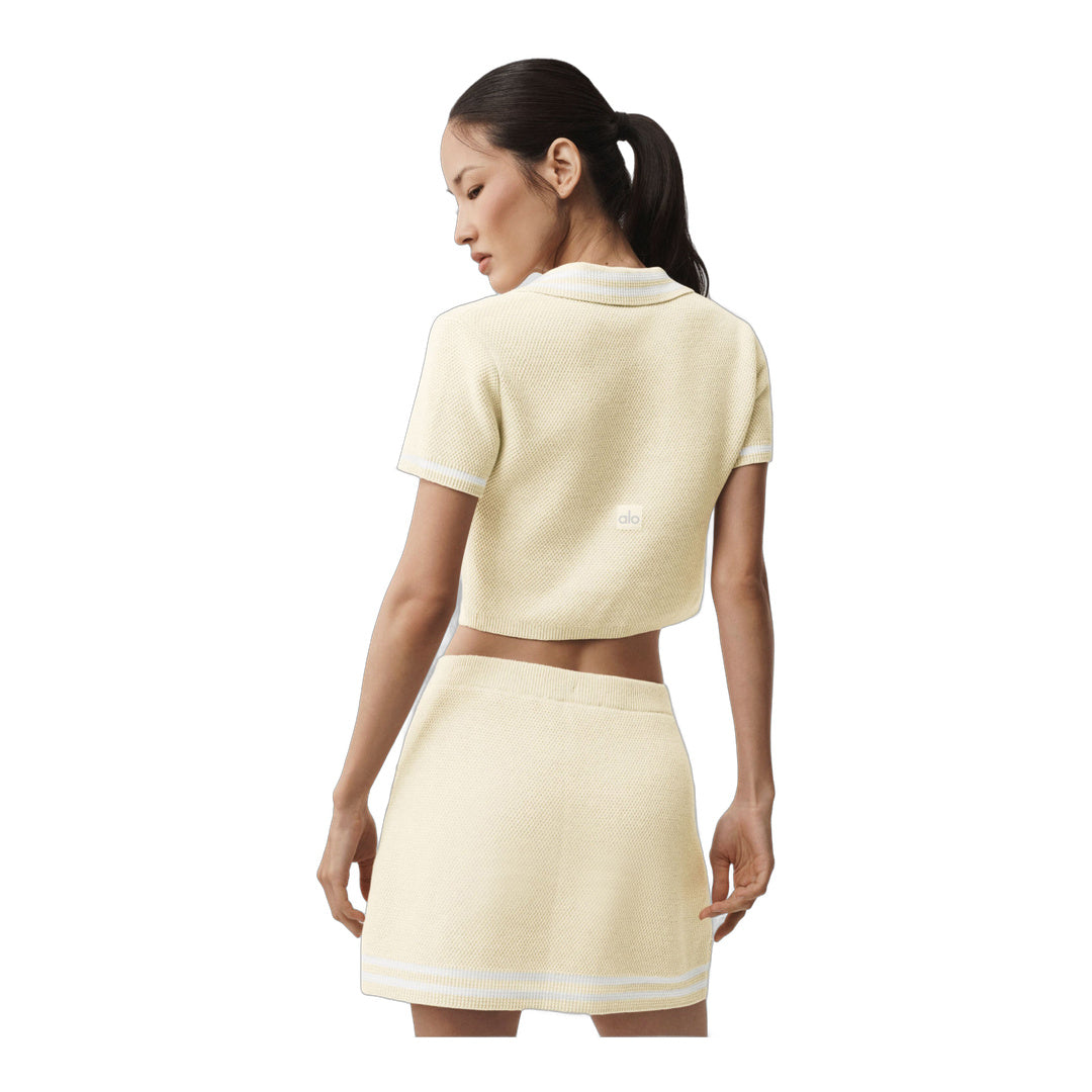 alo Tennis Club Sweater Knit Cropped Polo - Oatmeal/White
