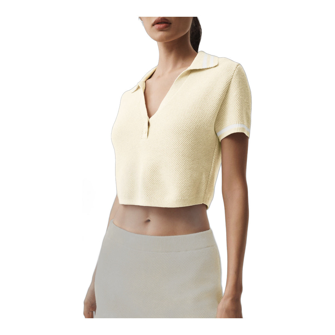 alo Tennis Club Sweater Knit Cropped Polo - Oatmeal/White