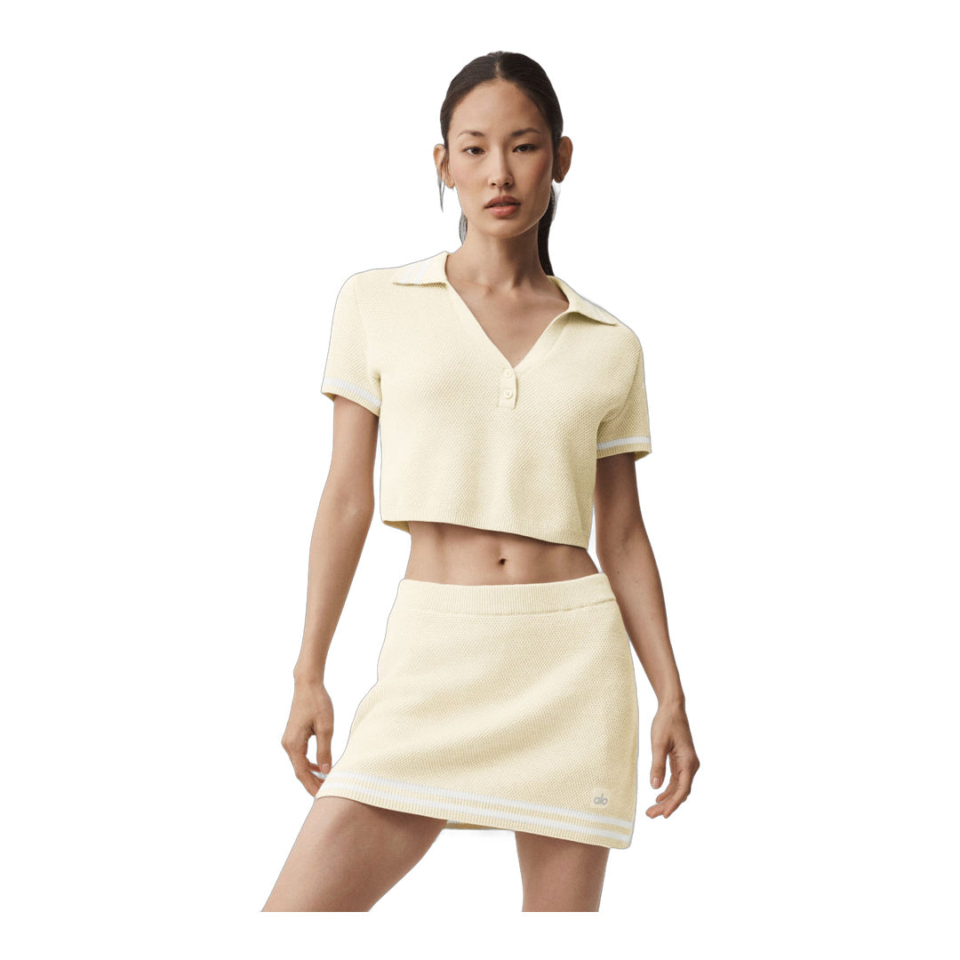 alo Tennis Club Sweater Knit Cropped Polo - Oatmeal/White