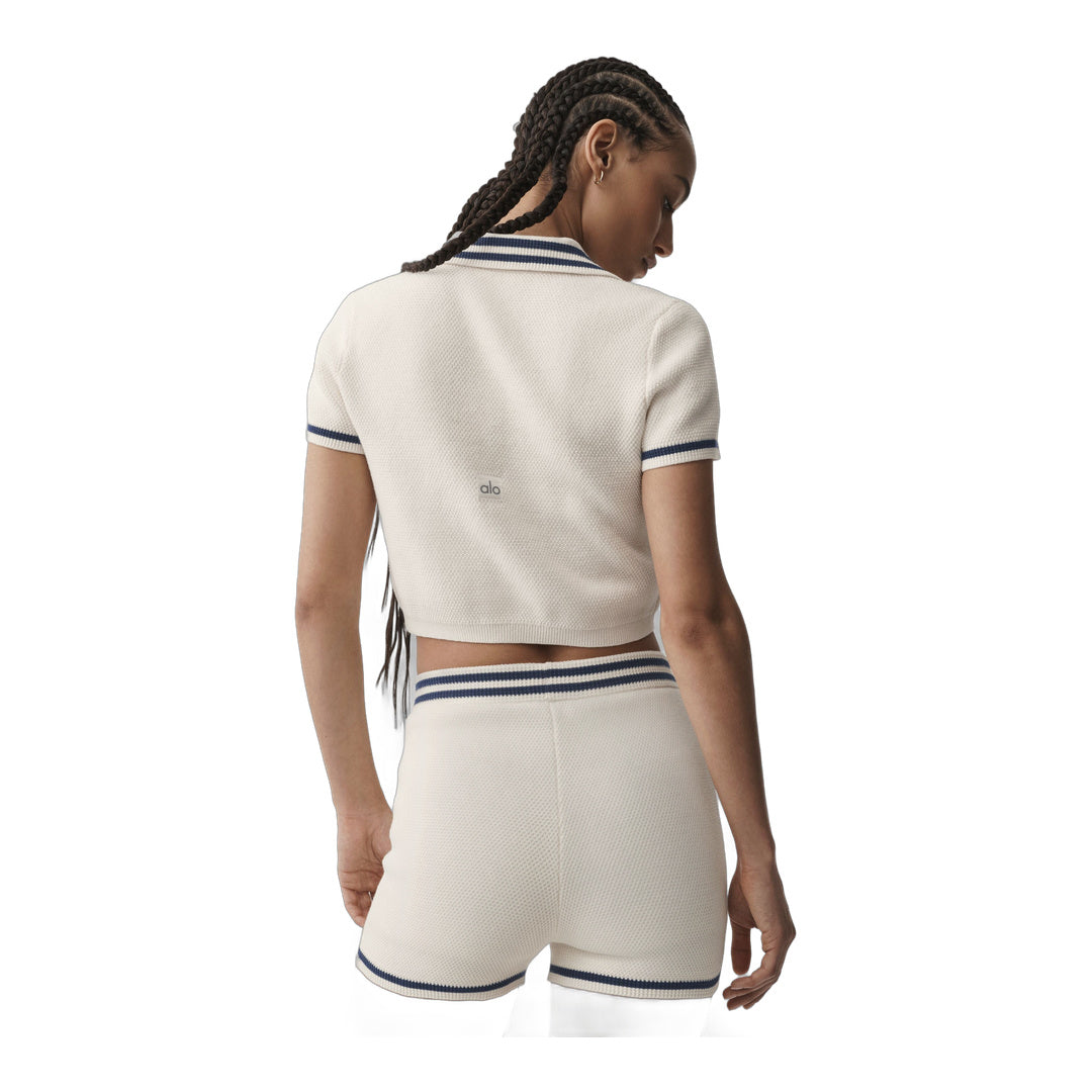 alo Tennis Club Sweater Knit Cropped Polo - Ivory/Navy