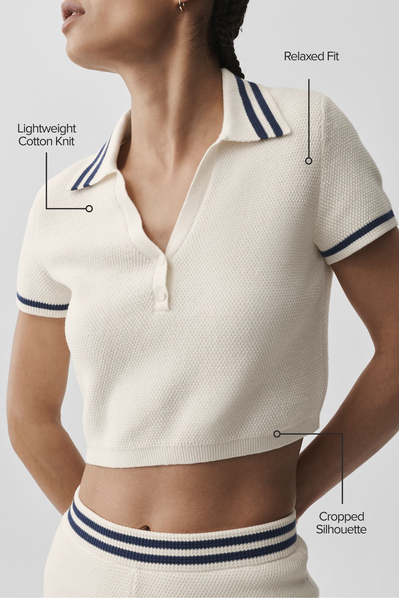 alo Tennis Club Sweater Knit Cropped Polo - Ivory/Navy