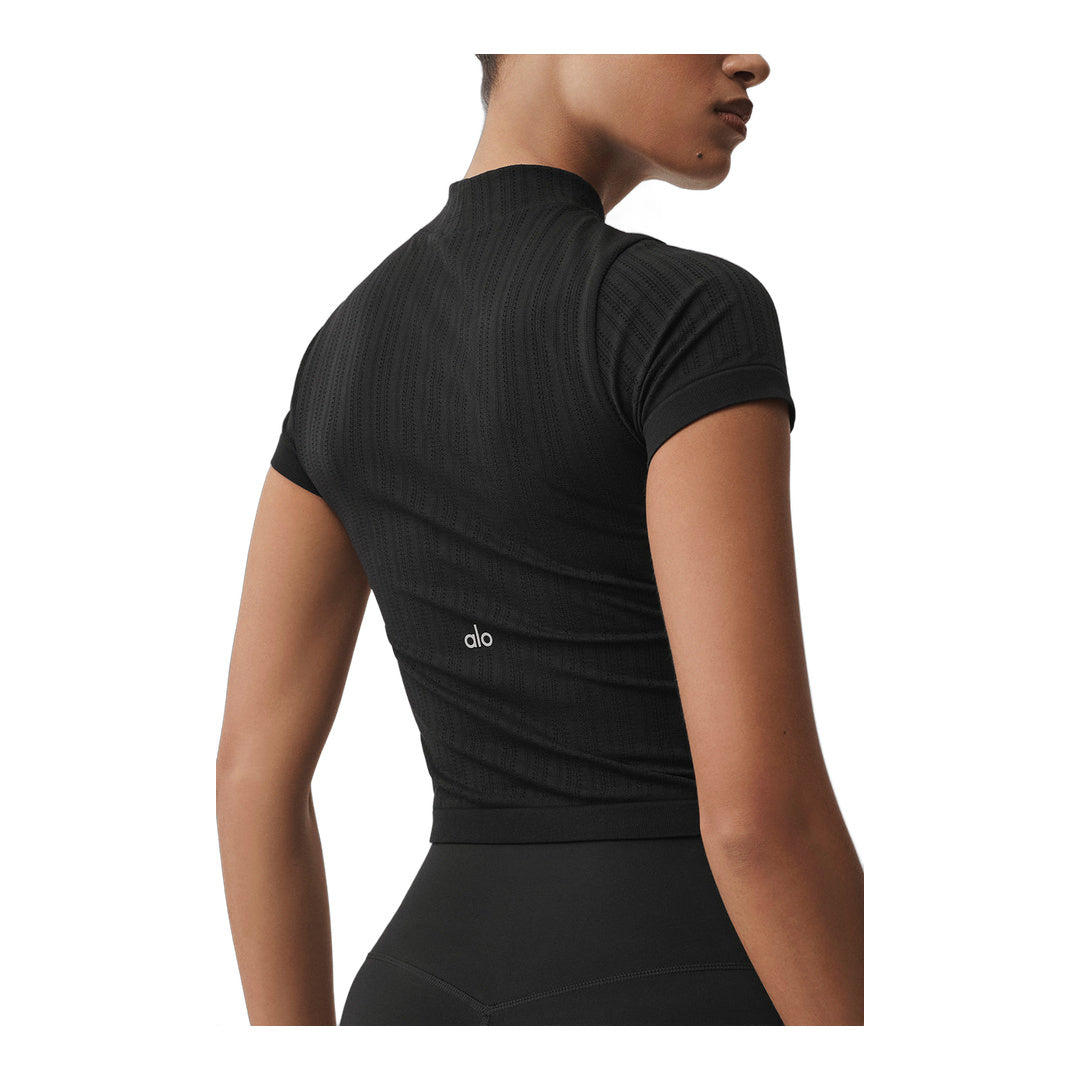 alo Seamless Pointelle Mock Neck Short Sleeve - Black