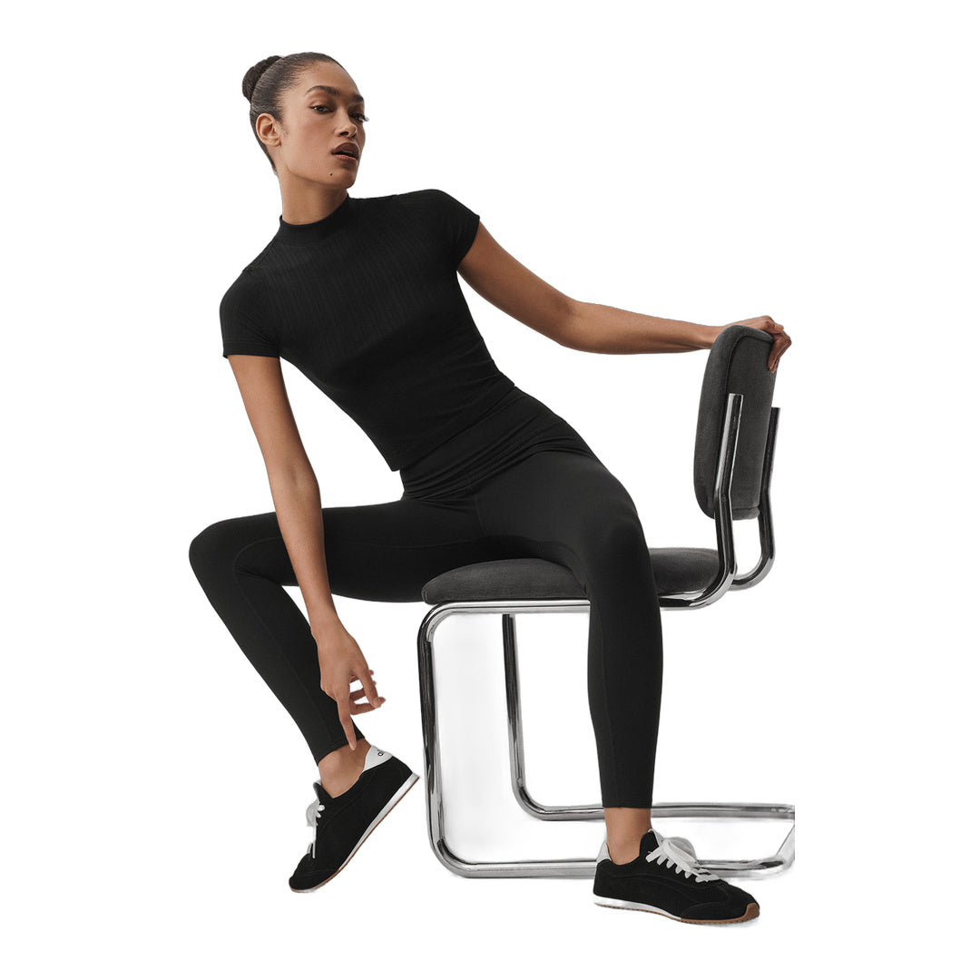 alo Seamless Pointelle Mock Neck Short Sleeve - Black