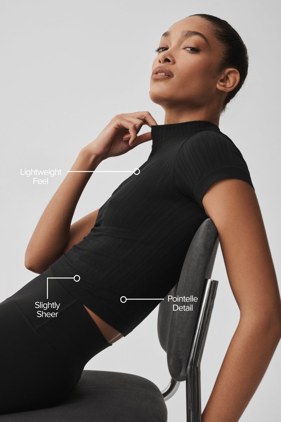 alo Seamless Pointelle Mock Neck Short Sleeve - Black