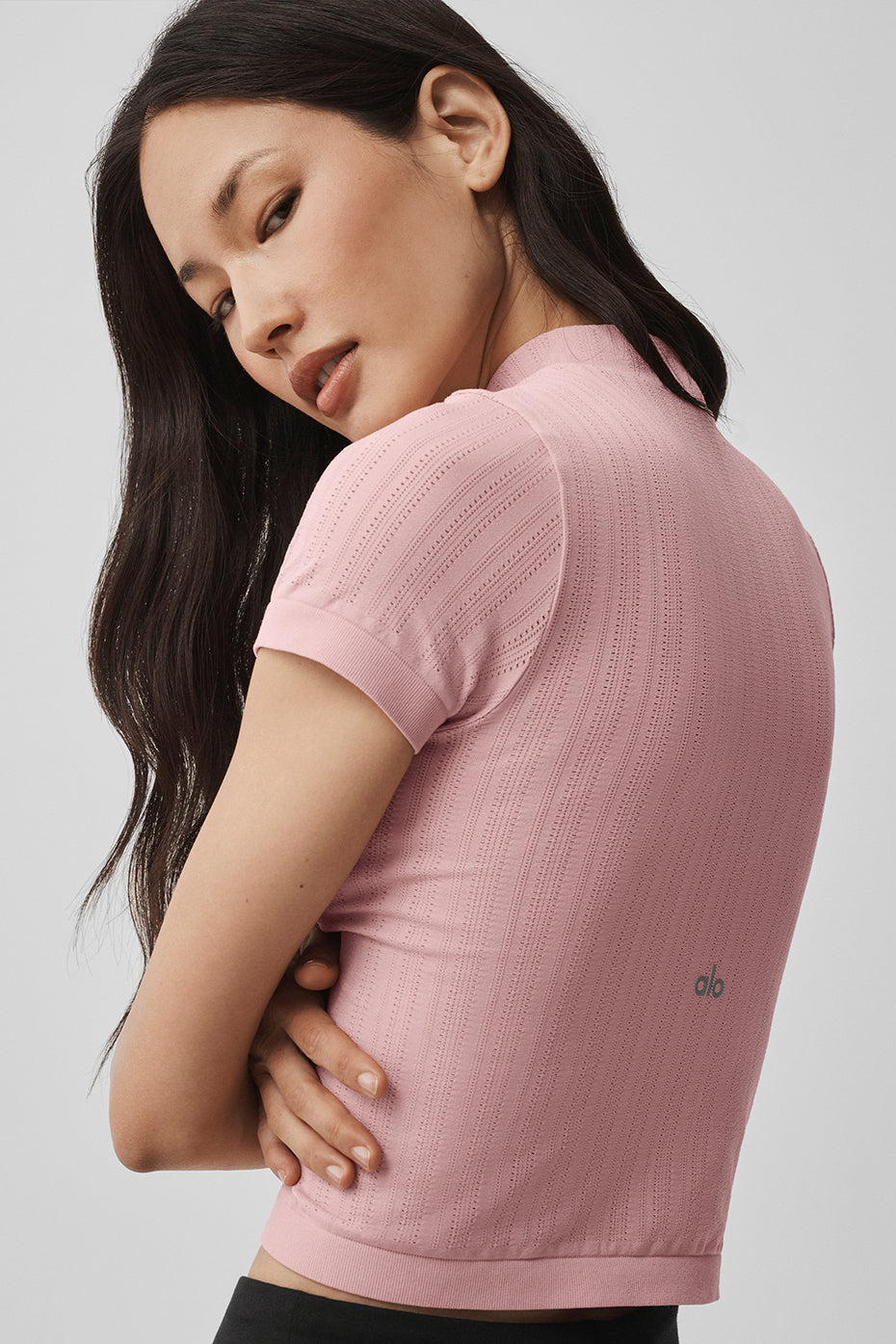 alo Seamless Pointelle Mock Neck Short Sleeve - Vintage Pink