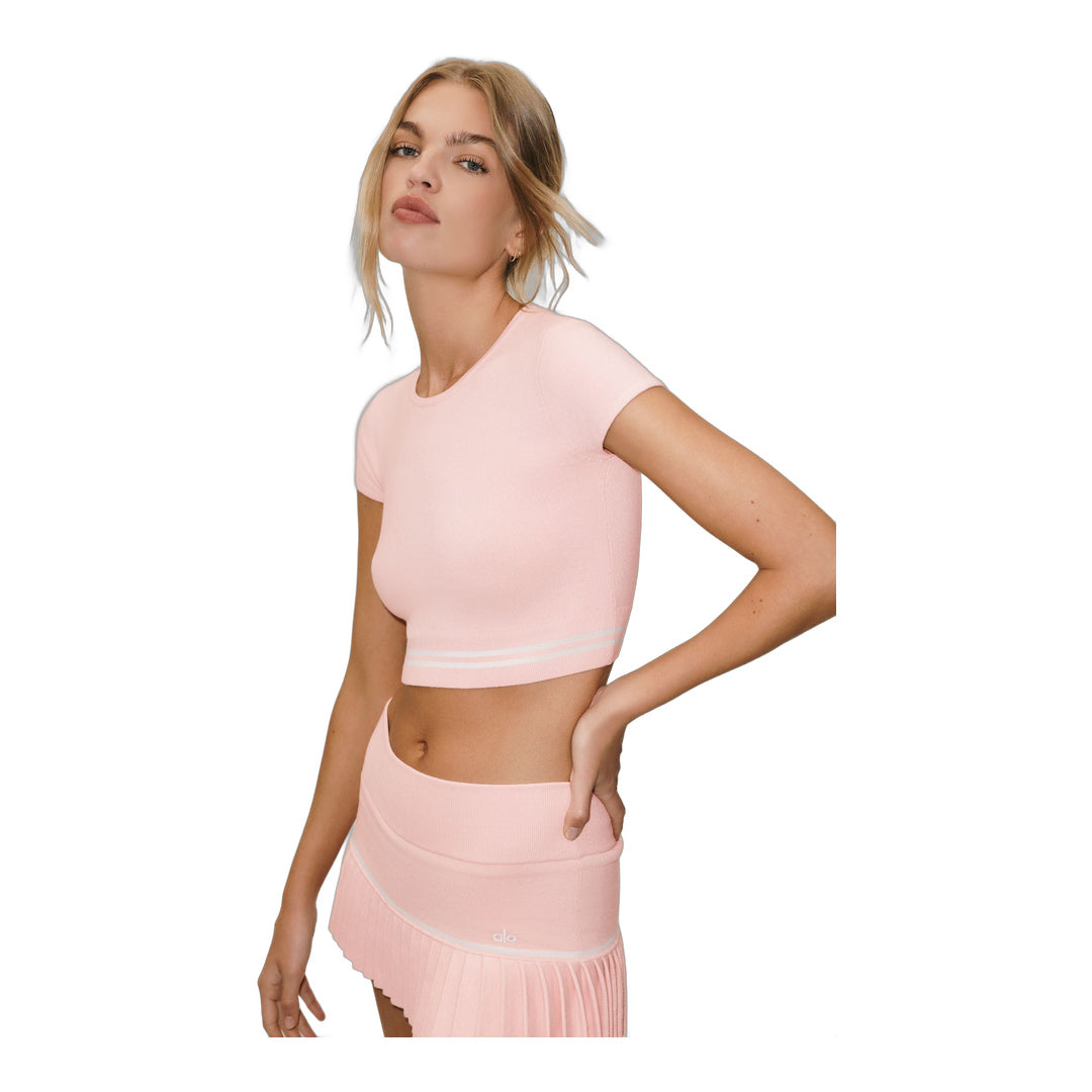 alo Cotton Cashmere My Serve Short Sleeve - Sundrenched Pink/White