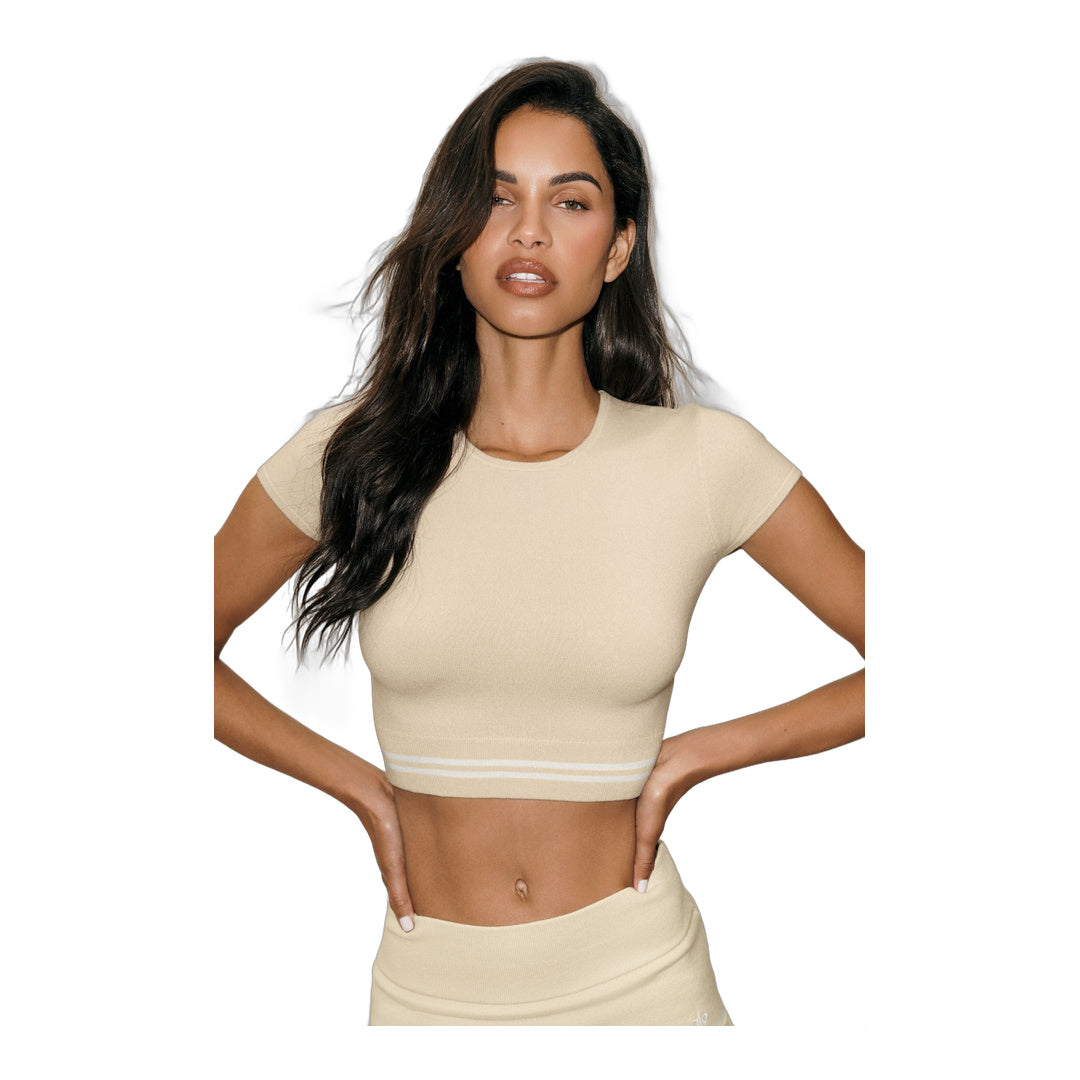 alo Cotton Cashmere My Serve Short Sleeve - Sandy Beige/White