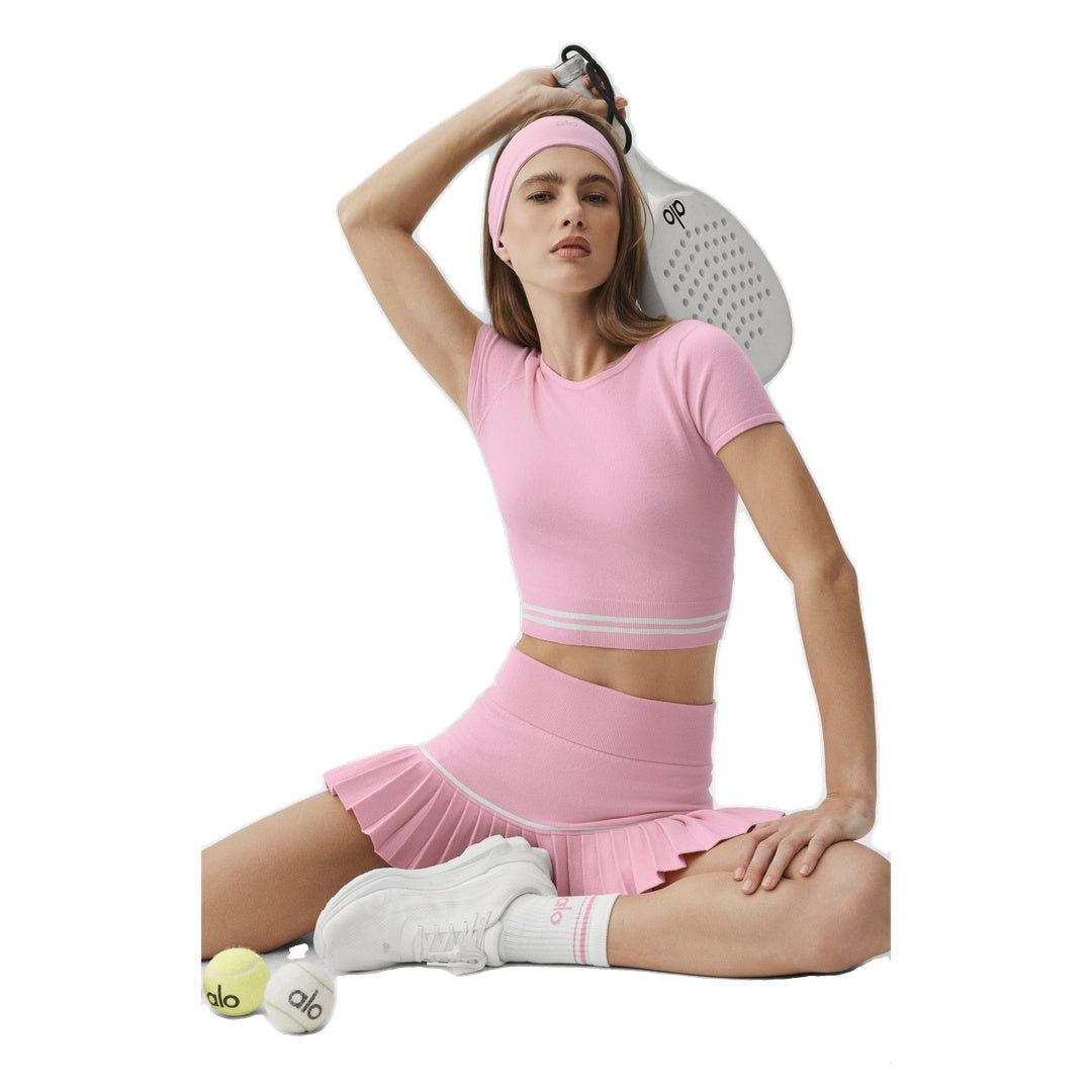 ALO Scholar Knit My Serve Short Sleeve - Pink Marshmallow/White