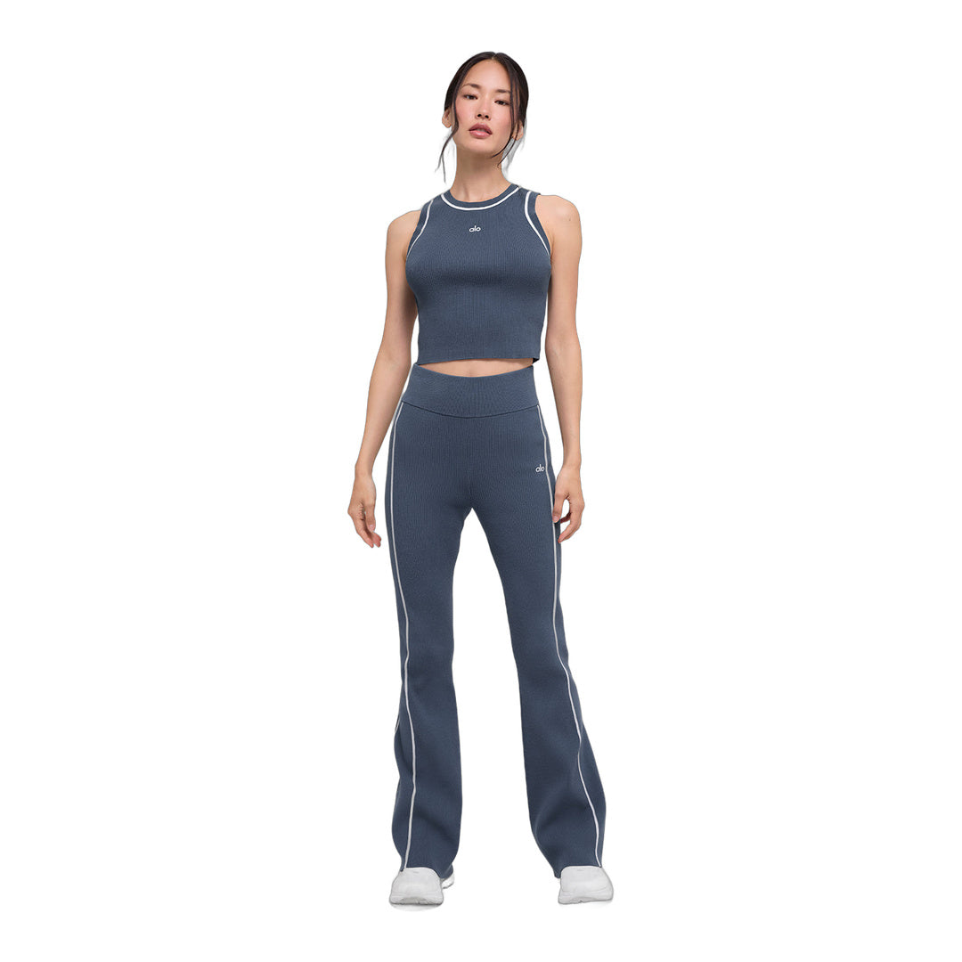 alo Ribbed Sweater Knit Highline Cropped Tank - Bluestone/White