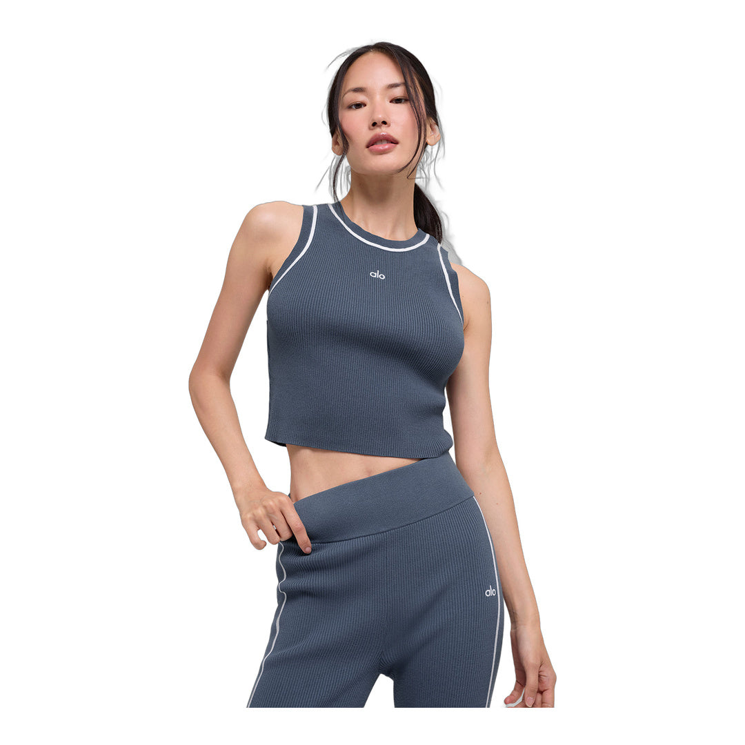alo Ribbed Sweater Knit Highline Cropped Tank - Bluestone/White