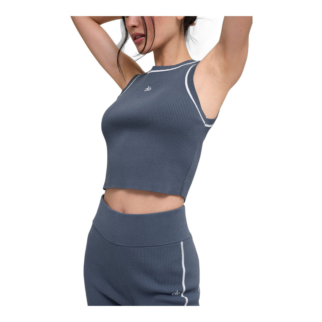 alo Ribbed Sweater Knit Highline Cropped Tank - Bluestone/White