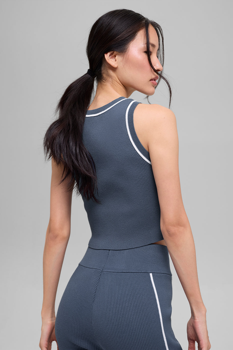alo Ribbed Sweater Knit Highline Cropped Tank - Bluestone/White