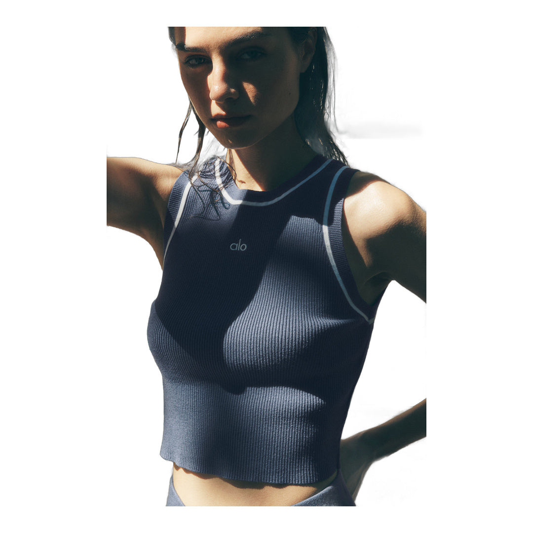 alo Ribbed Sweater Knit Highline Cropped Tank - Bluestone/White