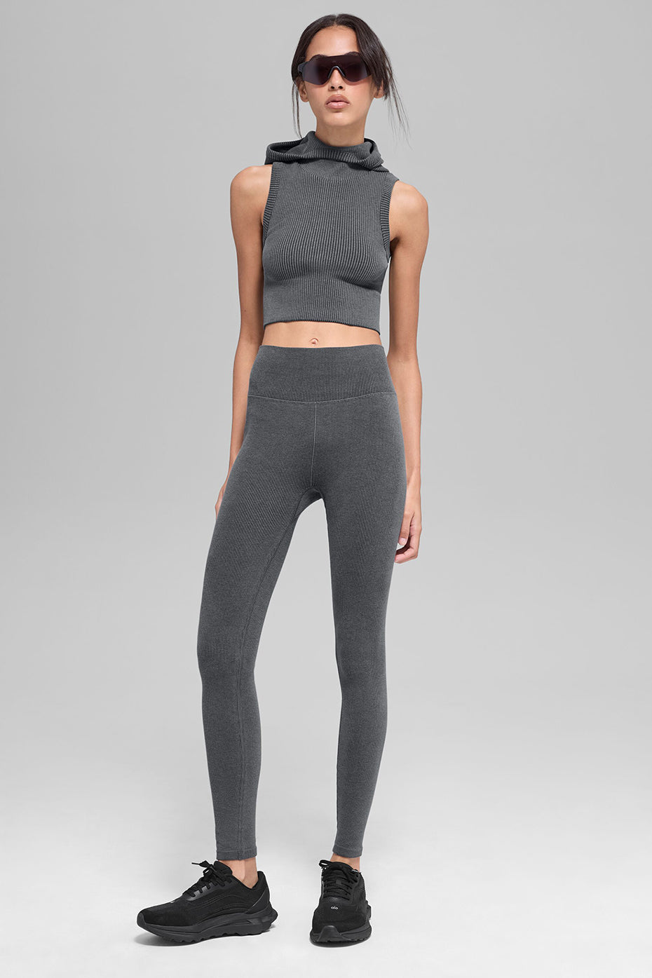 alo Seamless Two Tone Rib Hooded Vest - Dark Misty Grey Heather