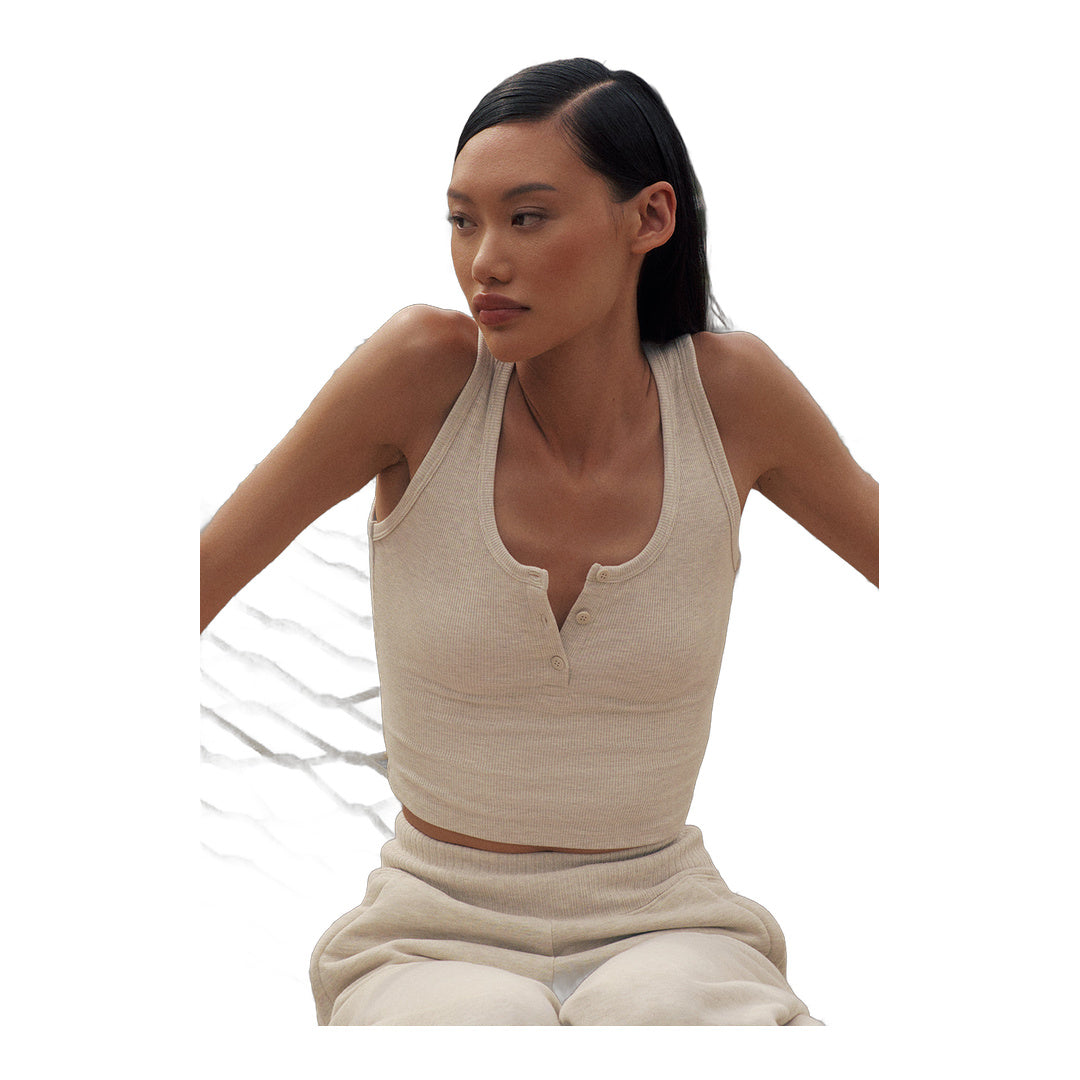 alo Ribbed Modal Henley Tank - Oatmeal Heather