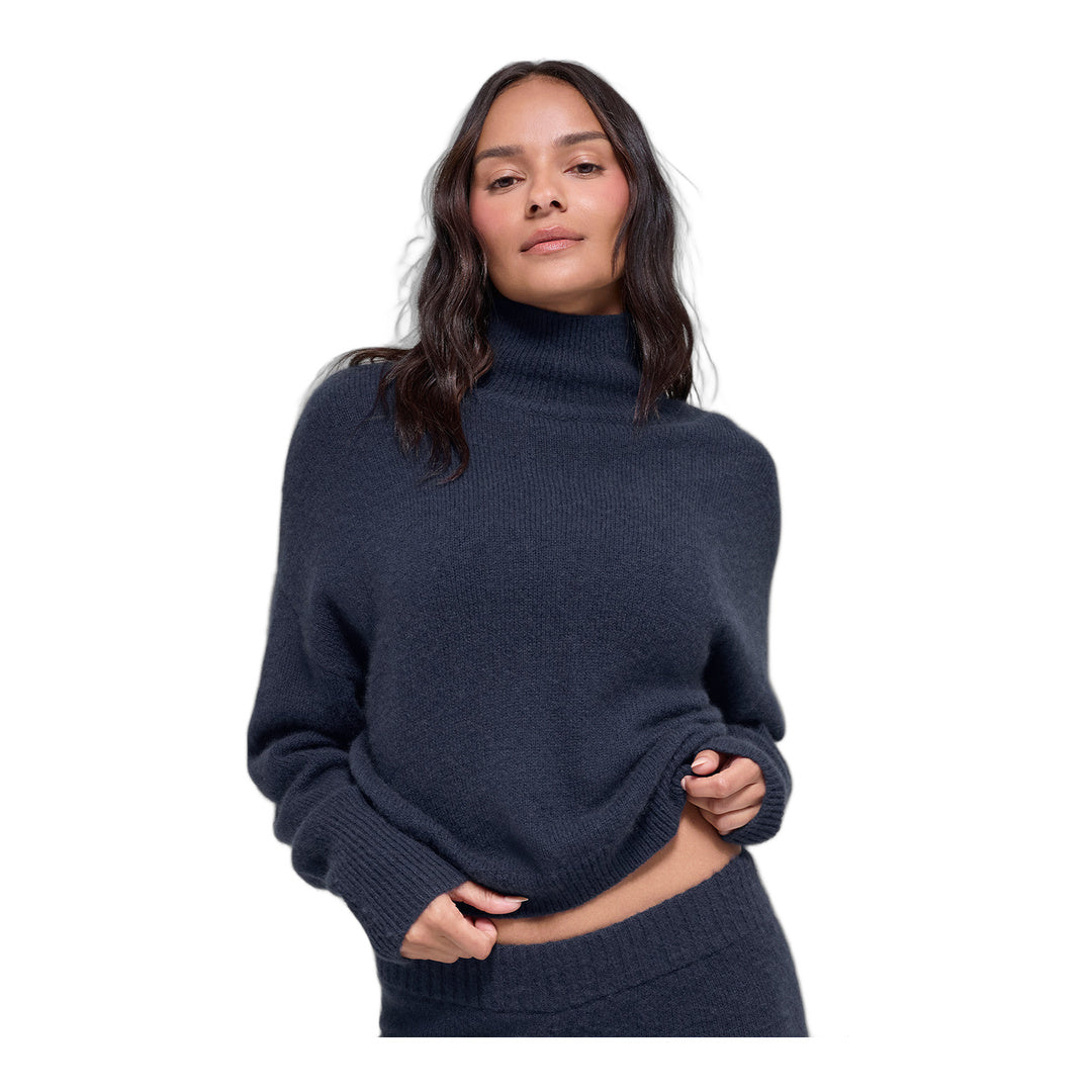 alo Wool Cashmere Cropped New Class Turtleneck Sweater - Navy
