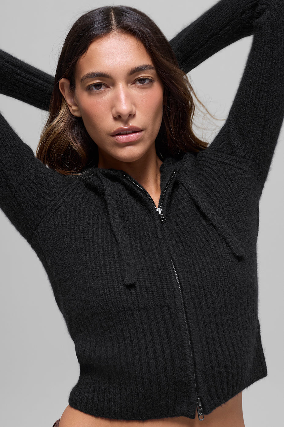 alo Wool Cashmere Ribbed Noble Full Zip Hoodie - Black