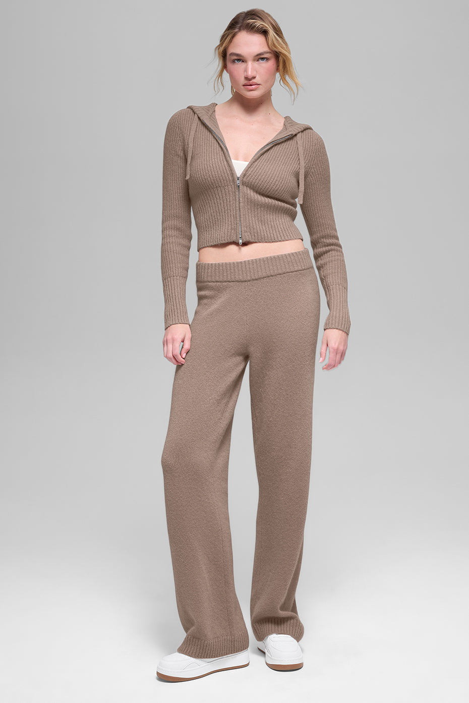 alo Wool Cashmere Ribbed Noble Full Zip Hoodie - Chai Latte