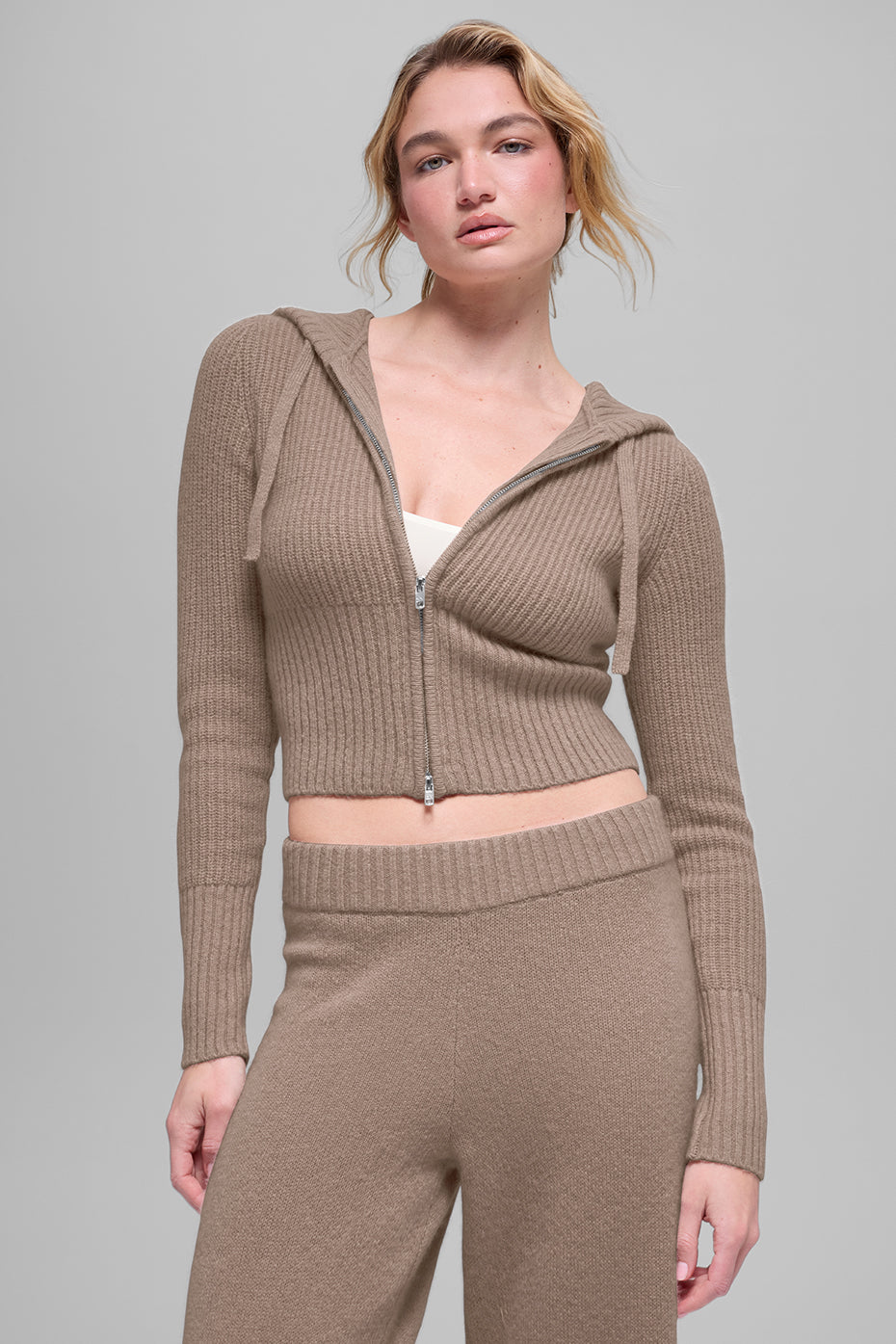 alo Wool Cashmere Ribbed Noble Full Zip Hoodie - Chai Latte