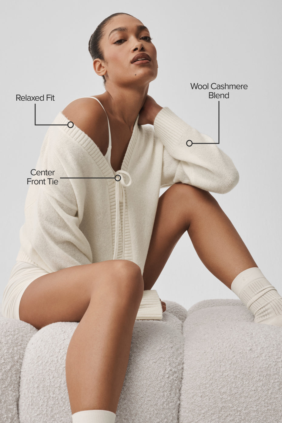 alo Wool Cashmere New Class Tie Cardigan - Ivory