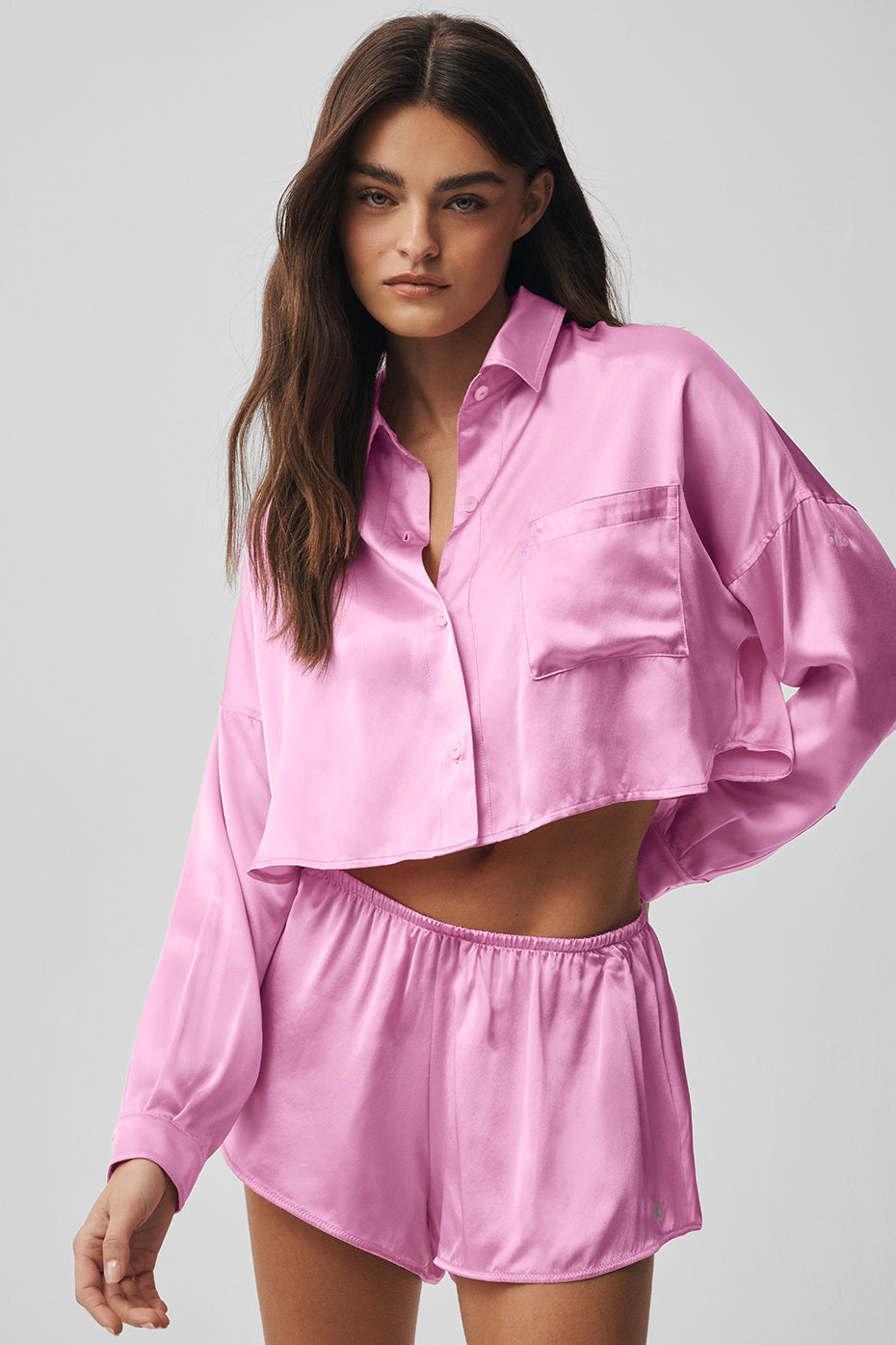 alo Silk Luminous Cropped Button Down Long Sleeve - Candy Heart Pink