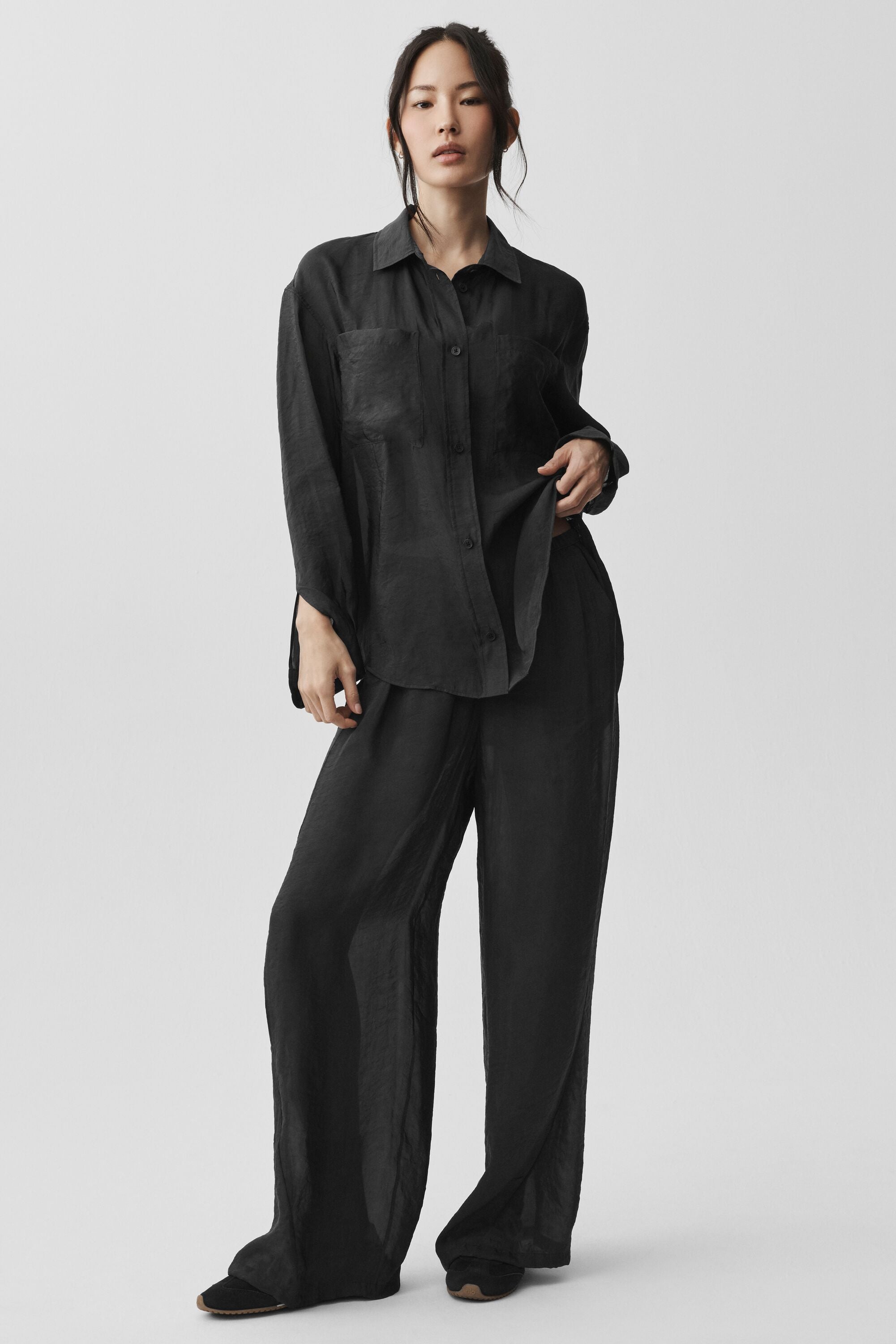 alo Semi-Sheer Golden Hour Button Down Long Sleeve - Black