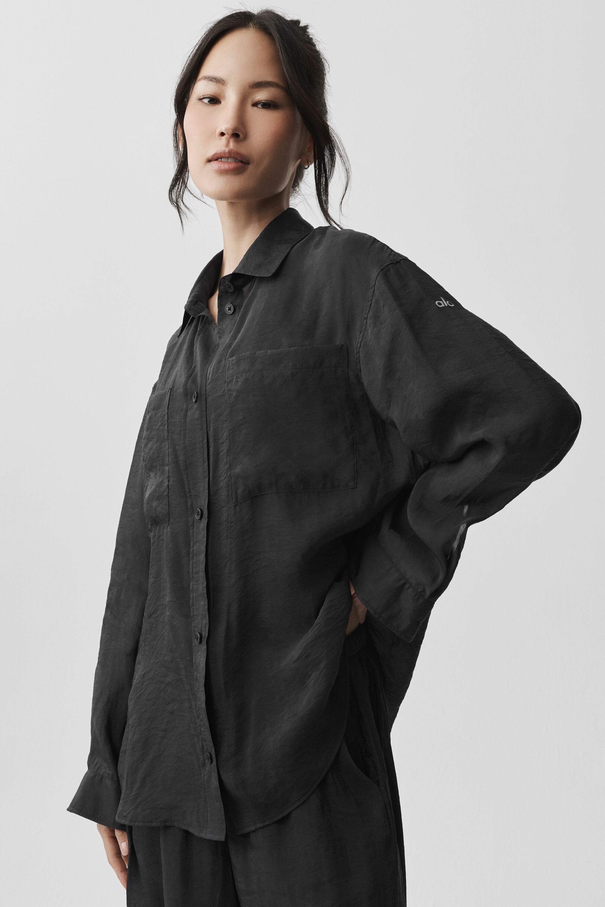 alo Semi-Sheer Golden Hour Button Down Long Sleeve - Black