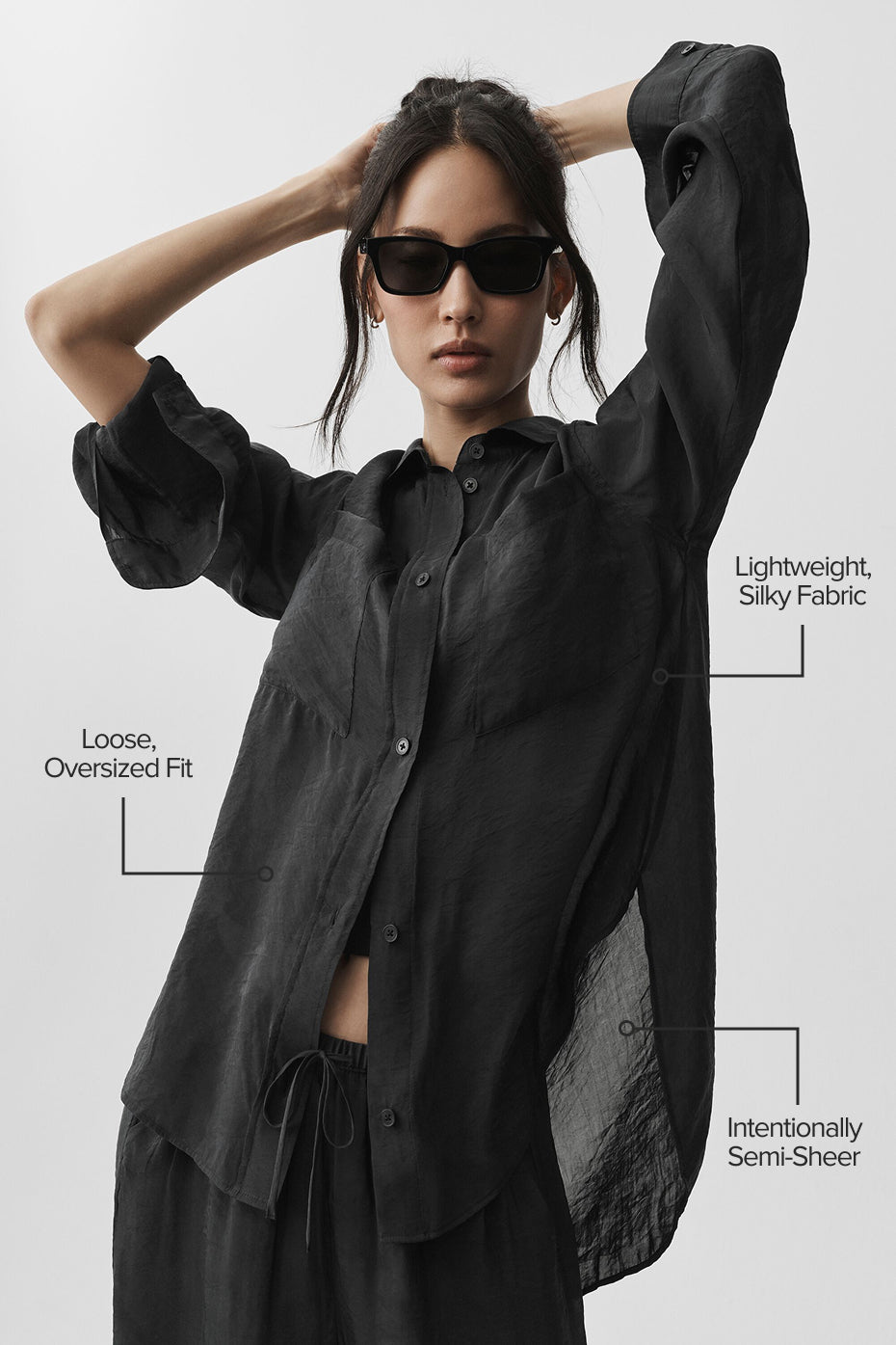 alo Semi-Sheer Golden Hour Button Down Long Sleeve - Black