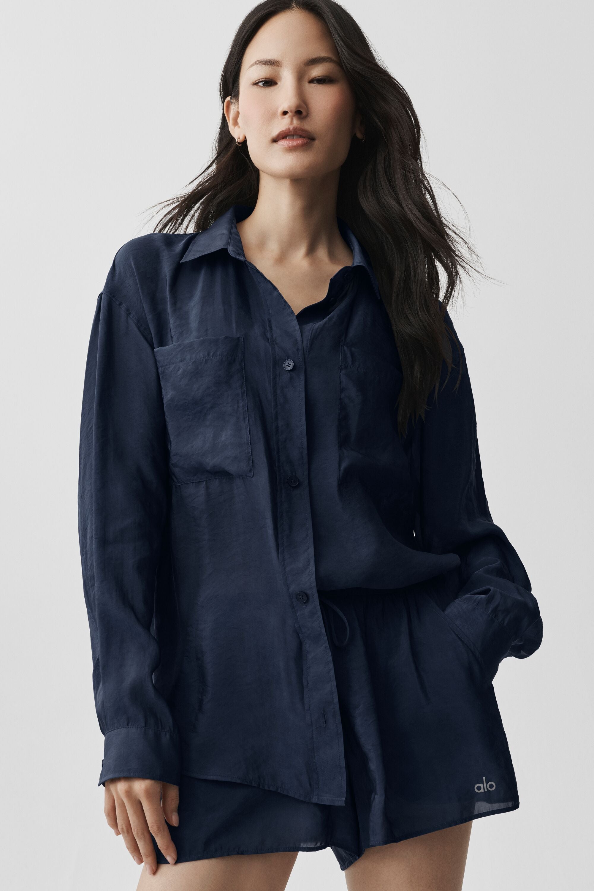 alo Semi-Sheer Golden Hour Button Down Long Sleeve - Navy
