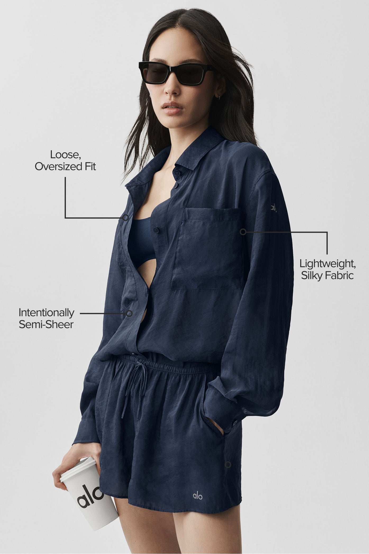 alo Semi-Sheer Golden Hour Button Down Long Sleeve - Navy