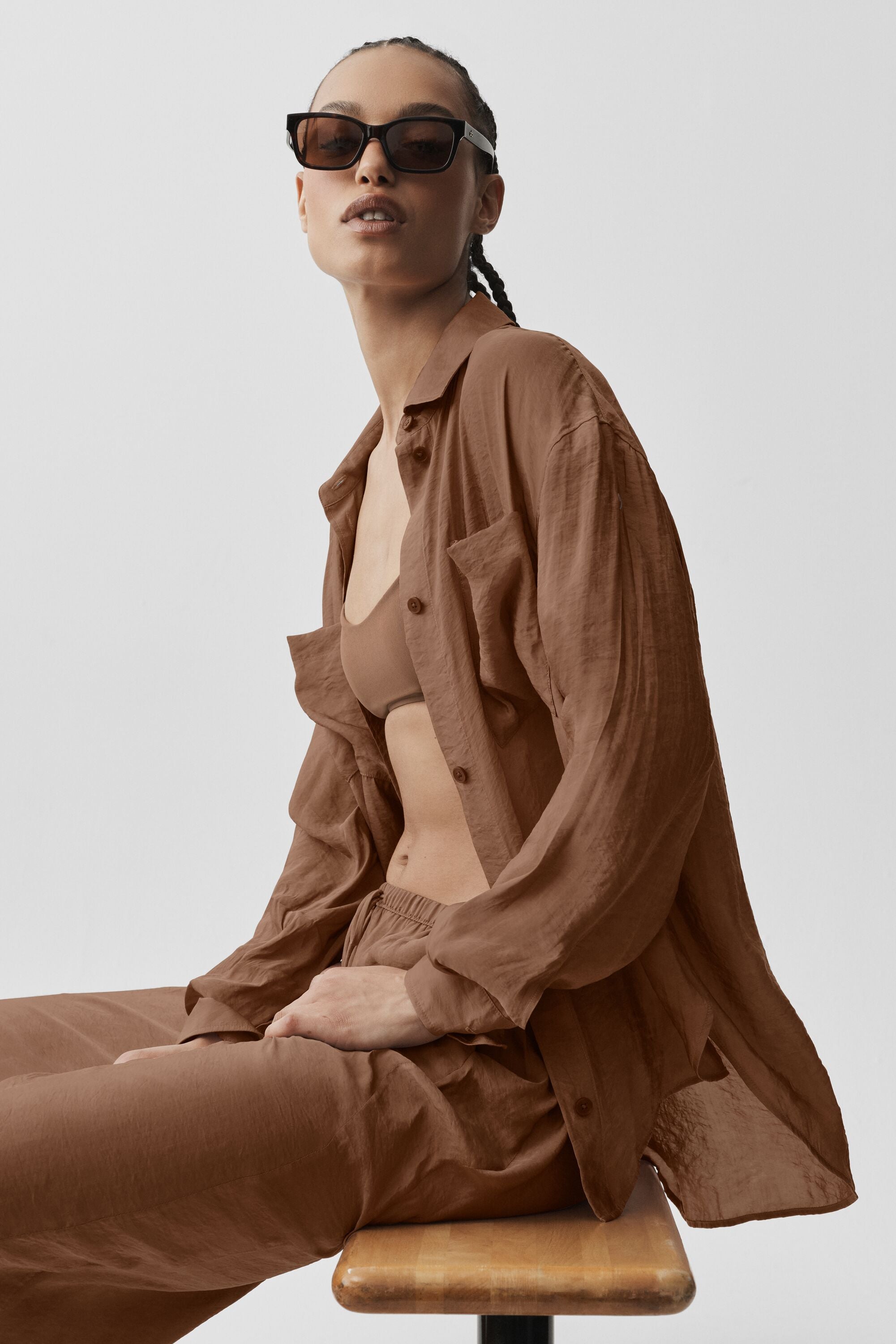 alo Semi-Sheer Golden Hour Button Down Long Sleeve - Sun Kissed Brown