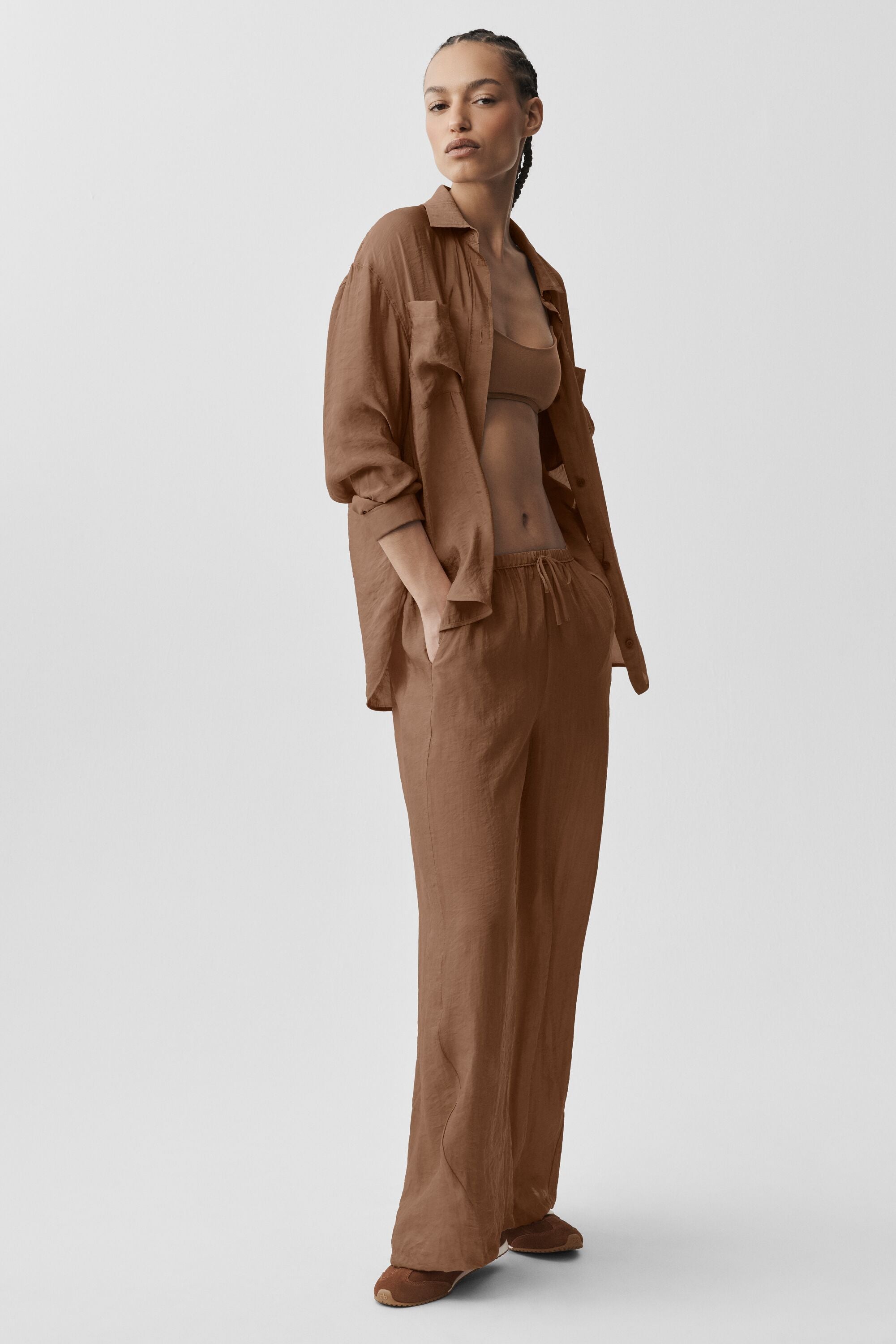 alo Semi-Sheer Golden Hour Button Down Long Sleeve - Sun Kissed Brown