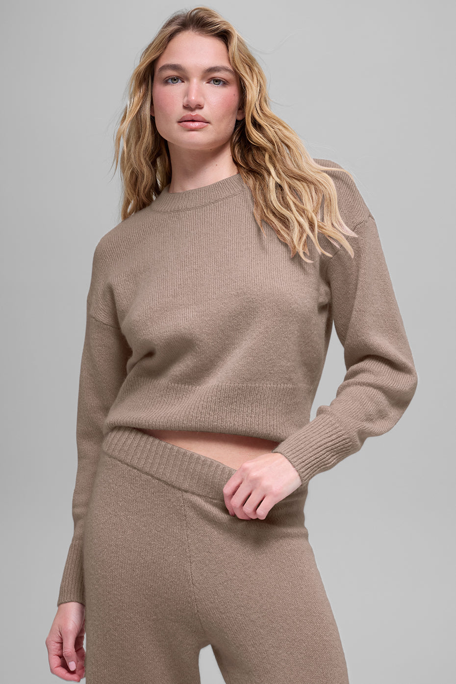 alo Wool Cashmere Cropped New Class Crewneck Sweater - Chai Latte