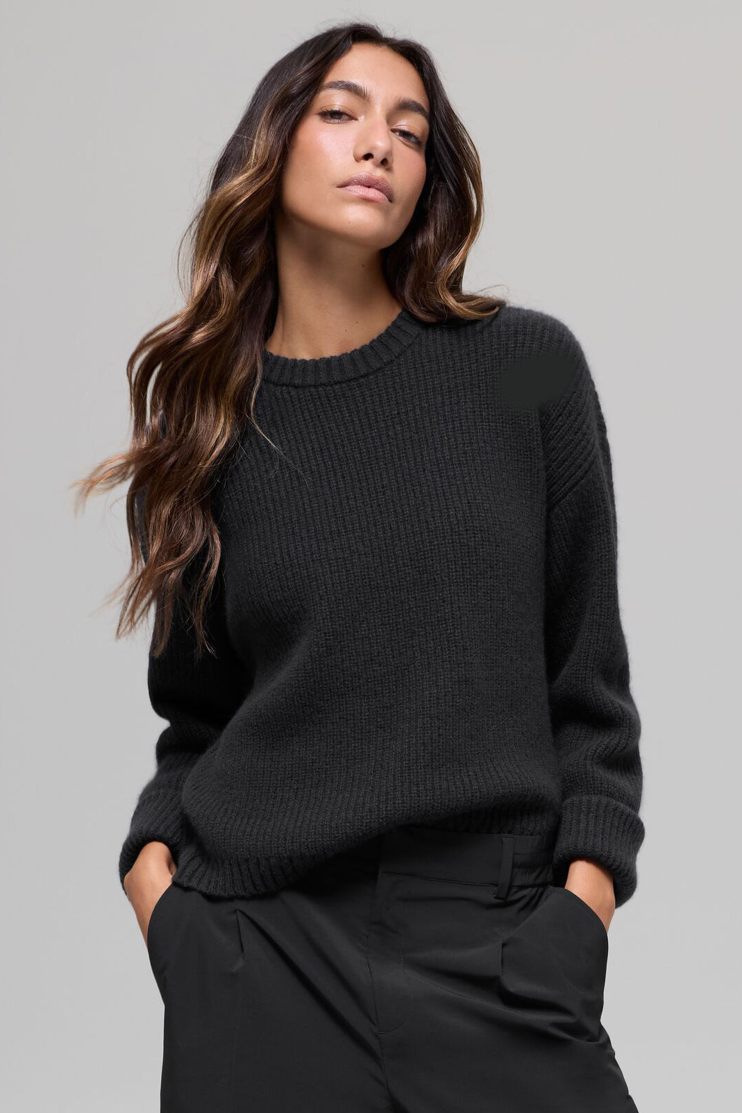 alo Wool Cashmere Ribbed Noble Crewneck Sweater - Black
