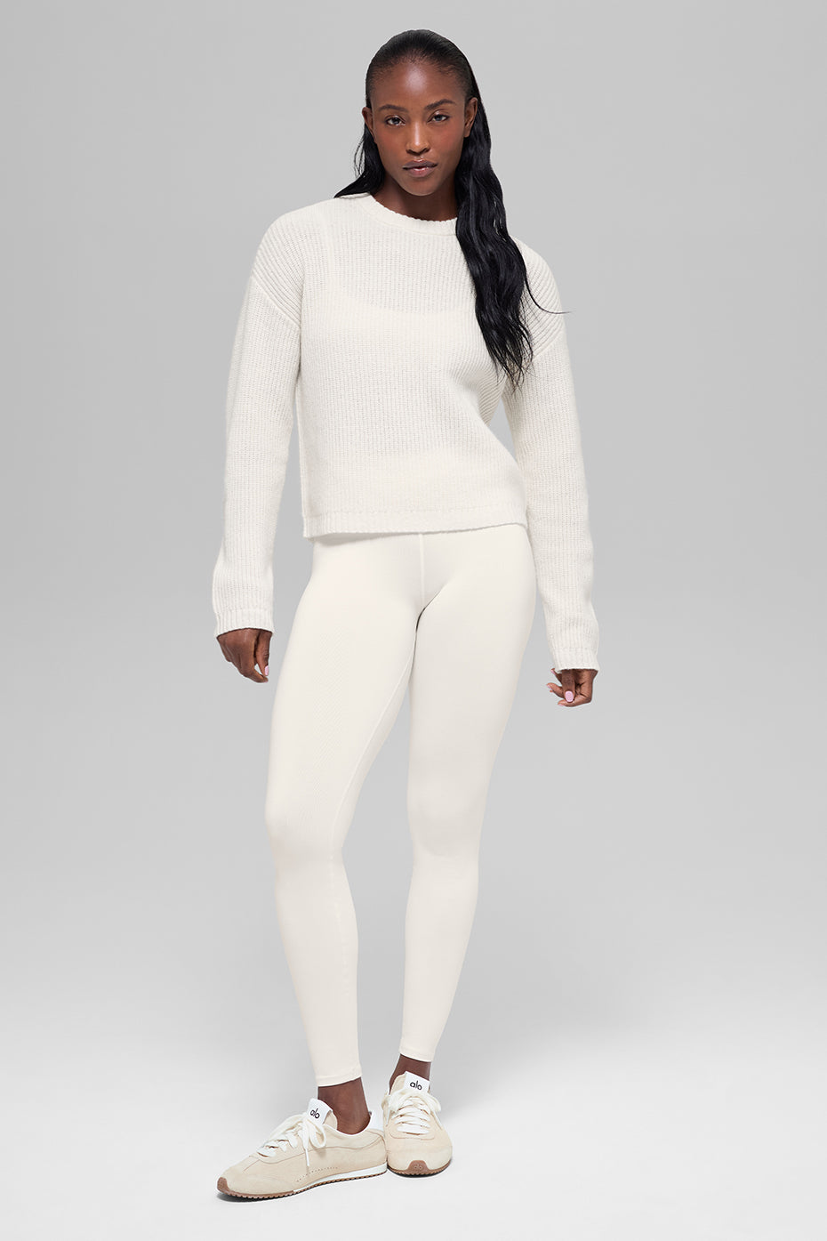 alo Wool Cashmere Ribbed Noble Crewneck Sweater - Ivory
