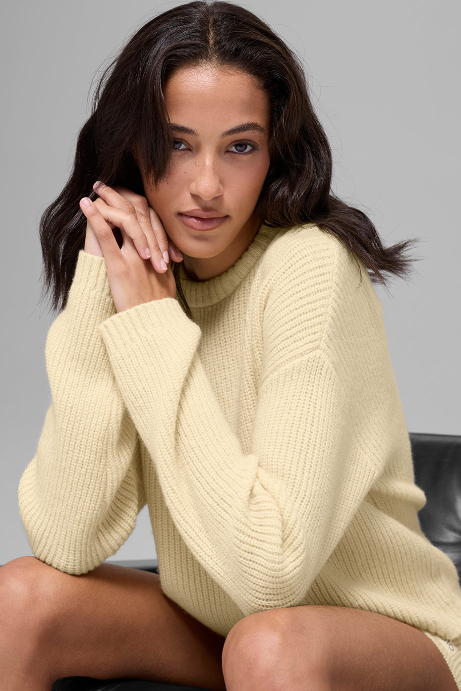 alo Wool Cashmere Ribbed Noble Crewneck Sweater - Candlelight Yellow