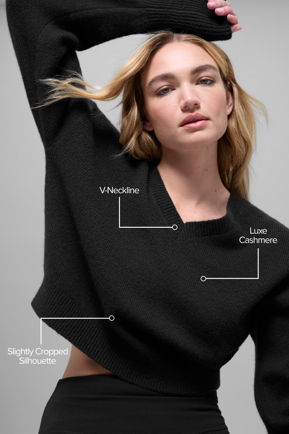 alo Wool Cashmere Cropped New Class V-Neck Sweater - Black