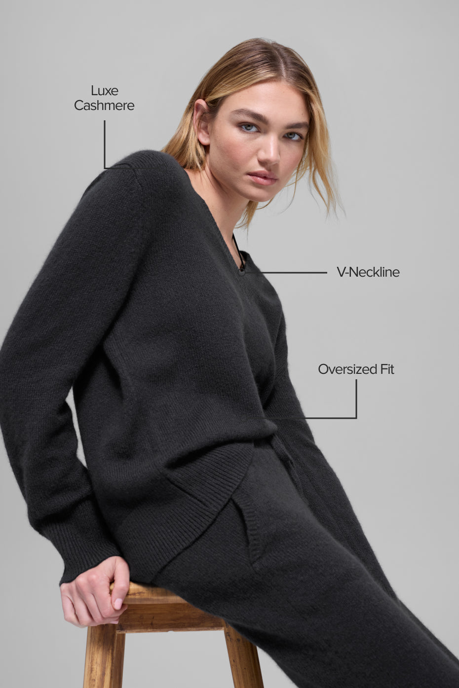 alo Wool Cashmere New Class Oversized V-Neck Sweater - Black