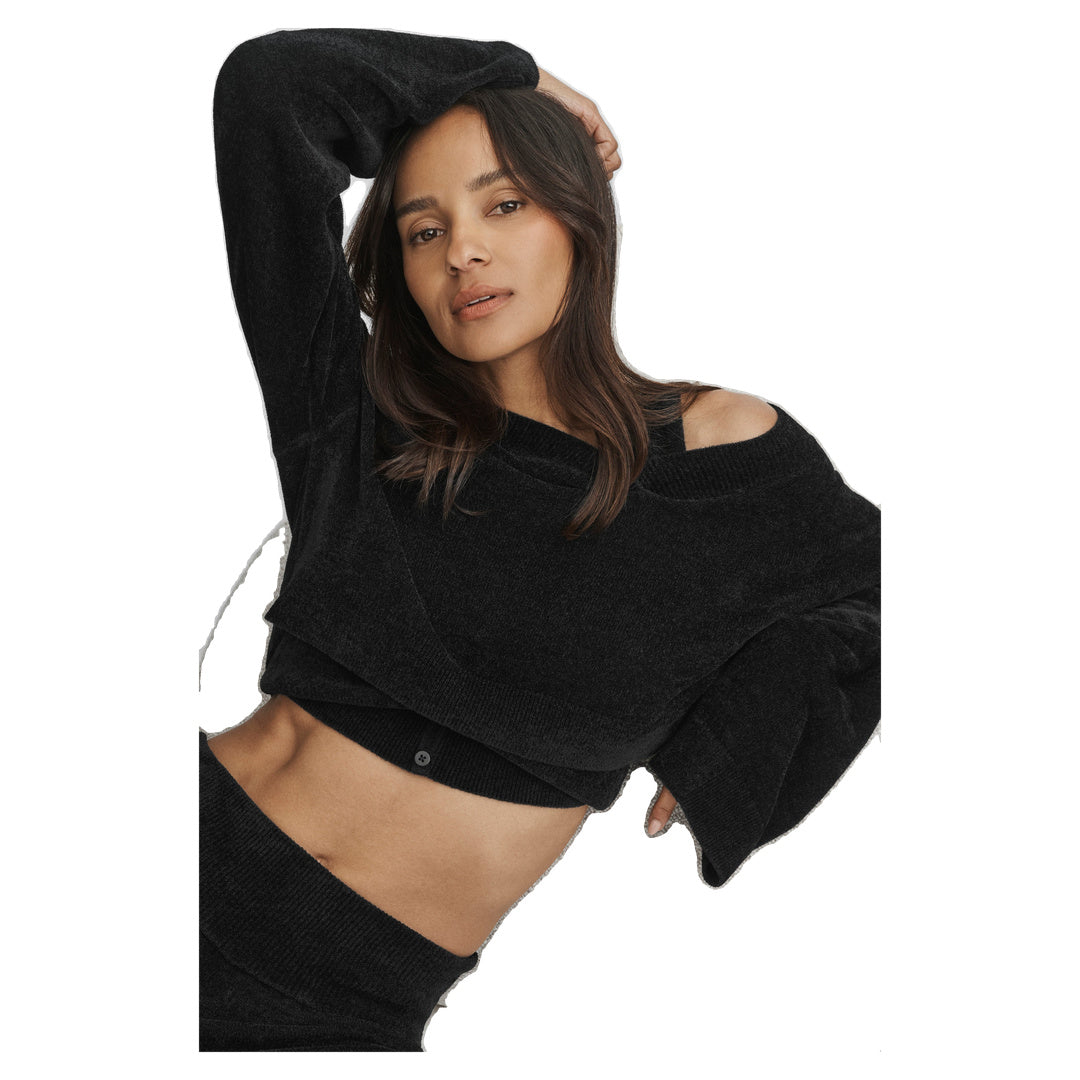 ALO Micro Chenille Cropped V-Neck Coverup - Black