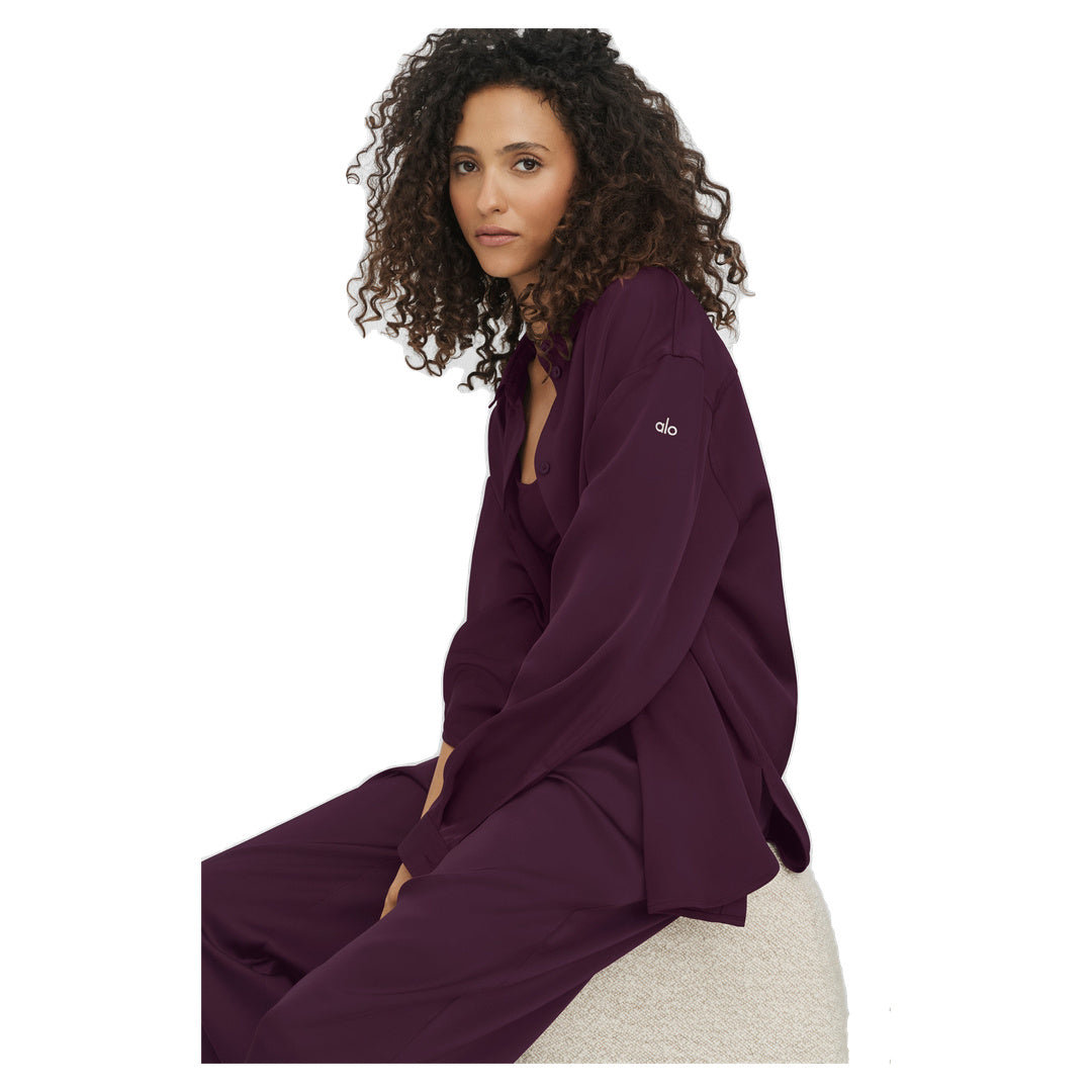 ALO Satin Smooth Talker Button Up - Rich Bordeaux