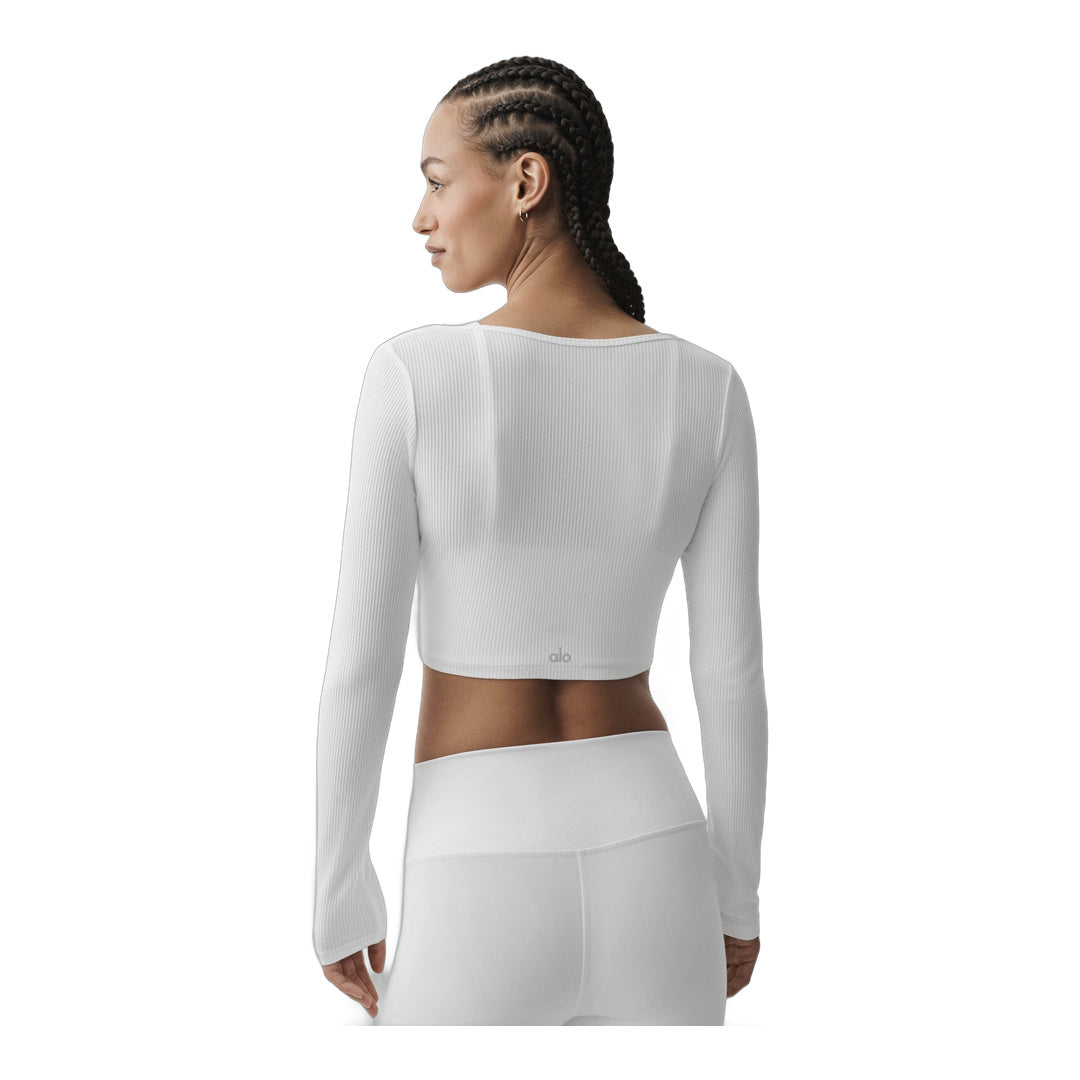 alo Ribbed Cropped Whisper Cardigan - White