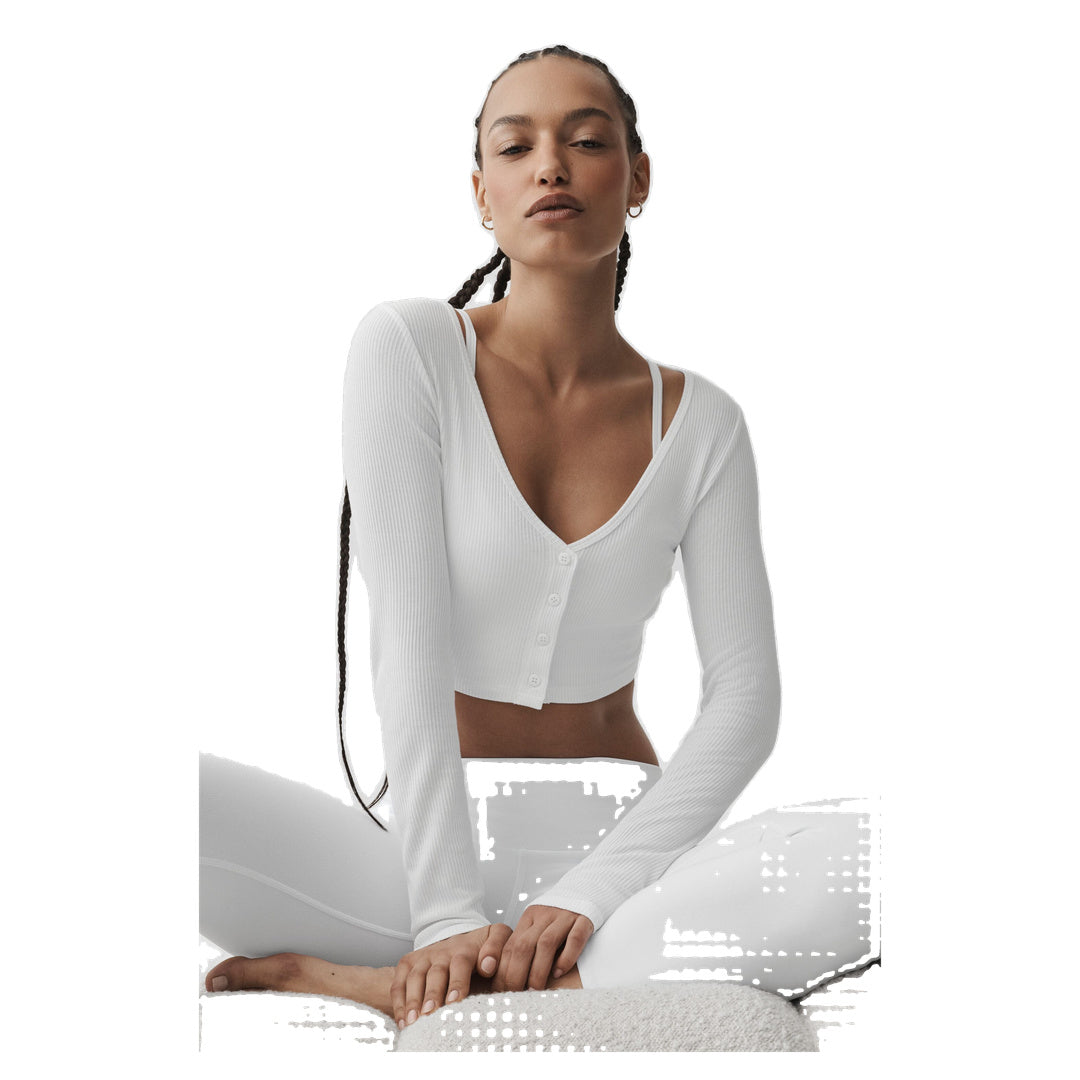 ALO Ribbed Cropped Whisper Cardigan - White