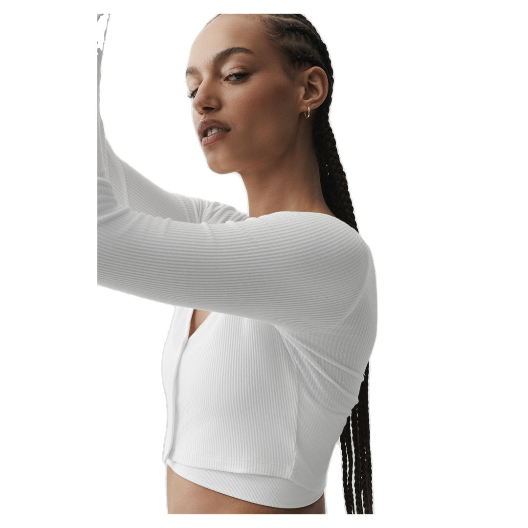 ALO Ribbed Cropped Whisper Cardigan - White
