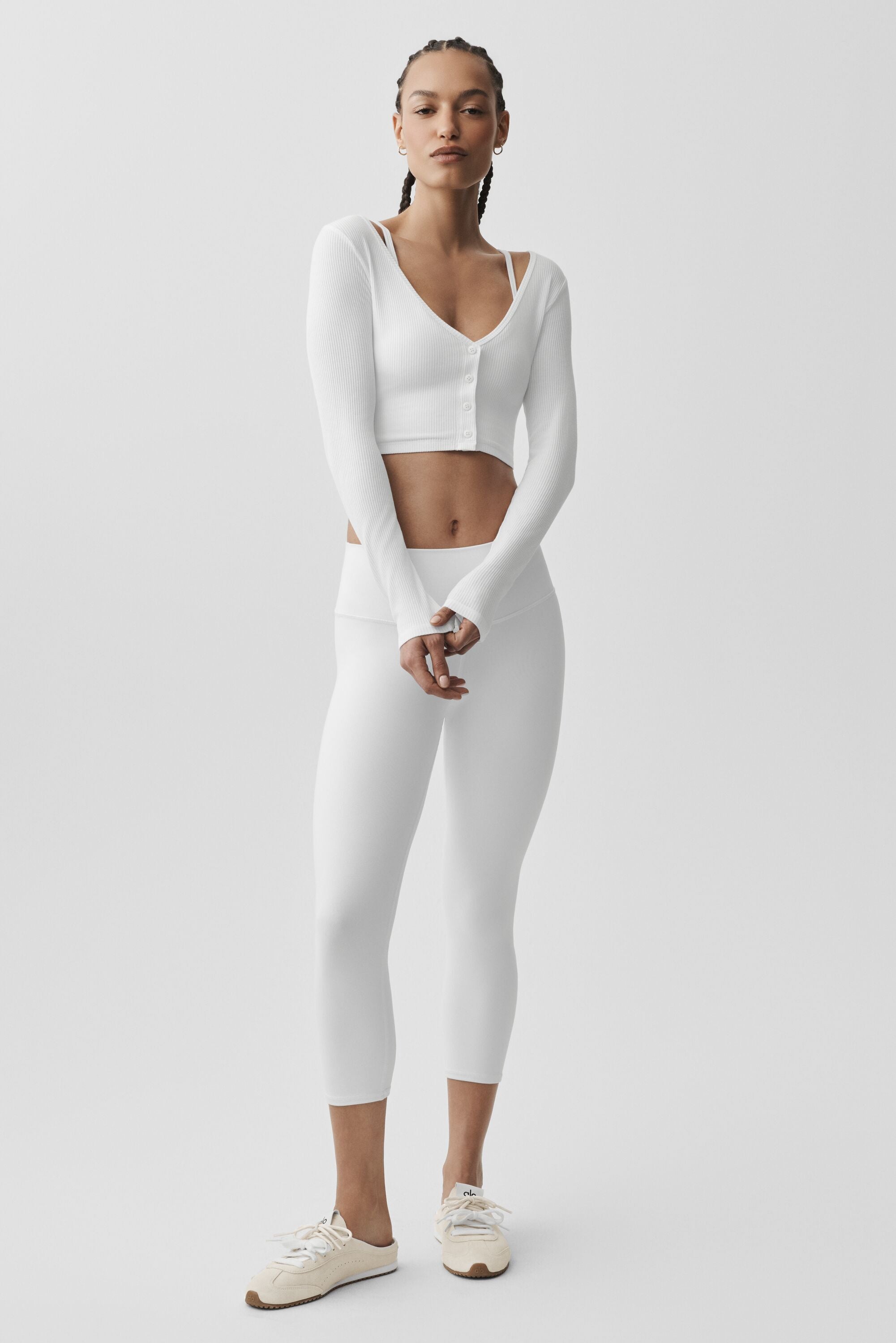 alo Ribbed Cropped Whisper Cardigan - White