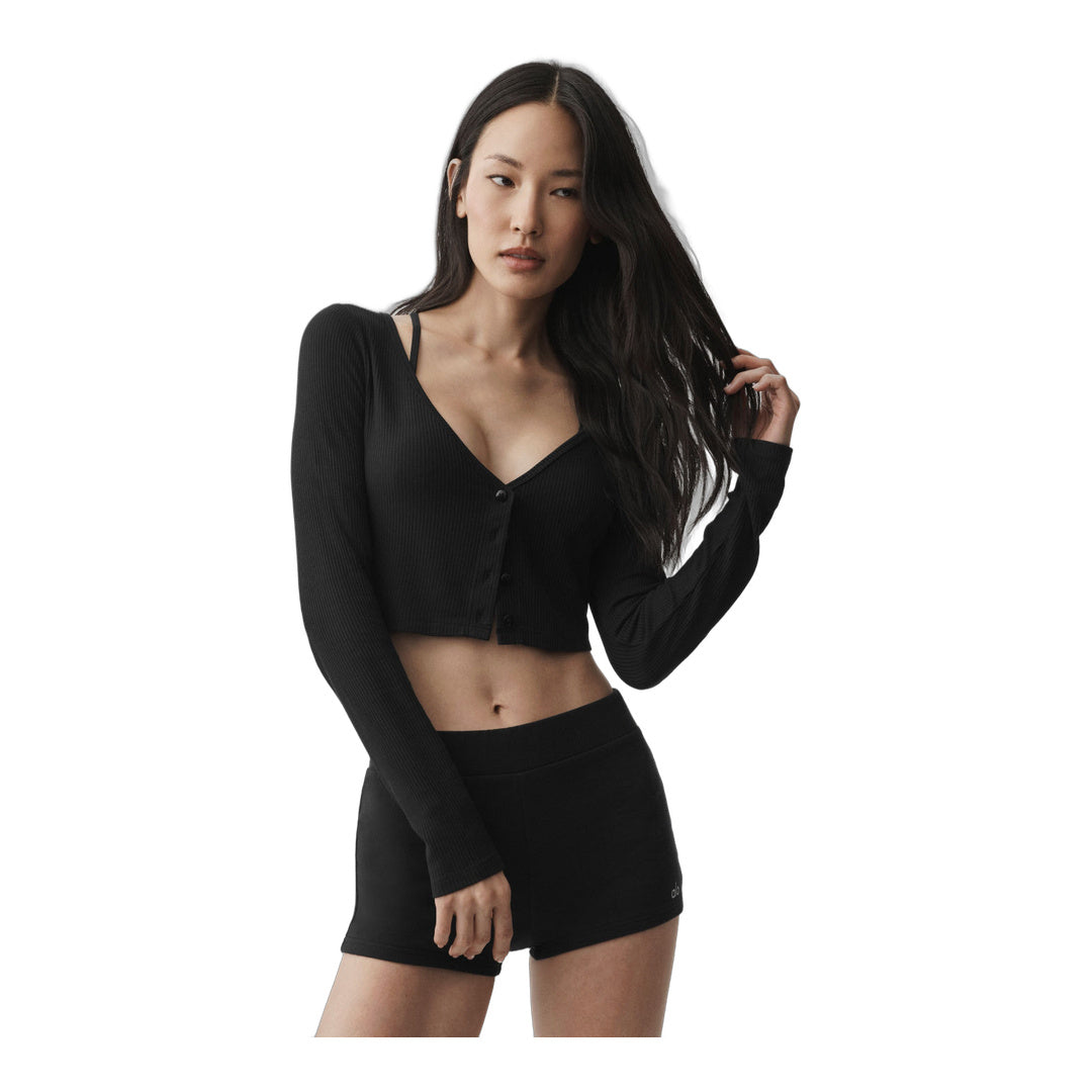 alo Ribbed Cropped Whisper Cardigan - Black