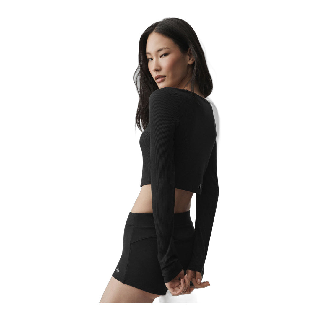 alo Ribbed Cropped Whisper Cardigan - Black