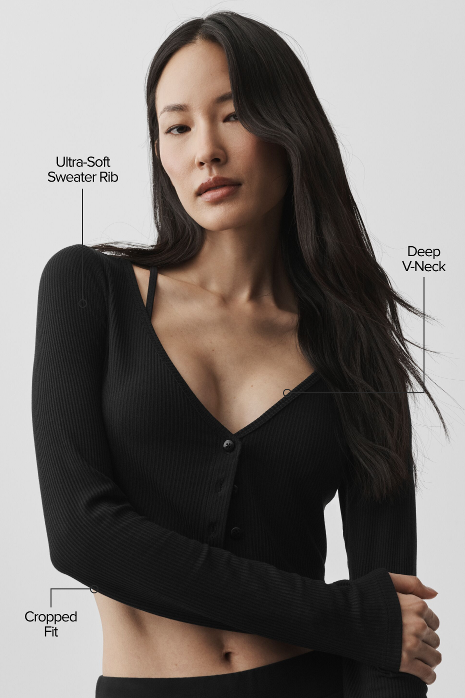 alo Ribbed Cropped Whisper Cardigan - Black