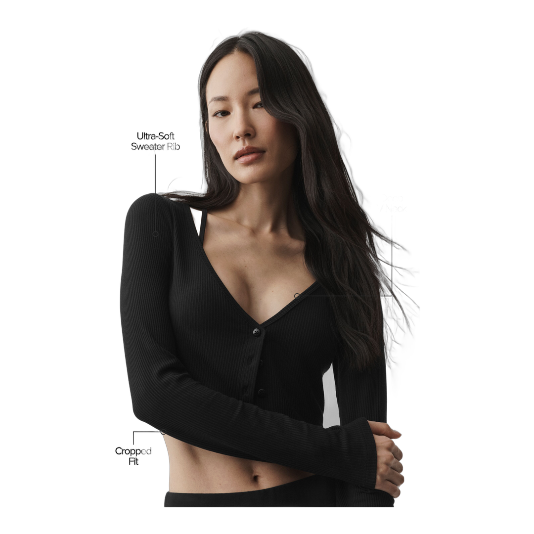 alo Ribbed Cropped Whisper Cardigan - Black